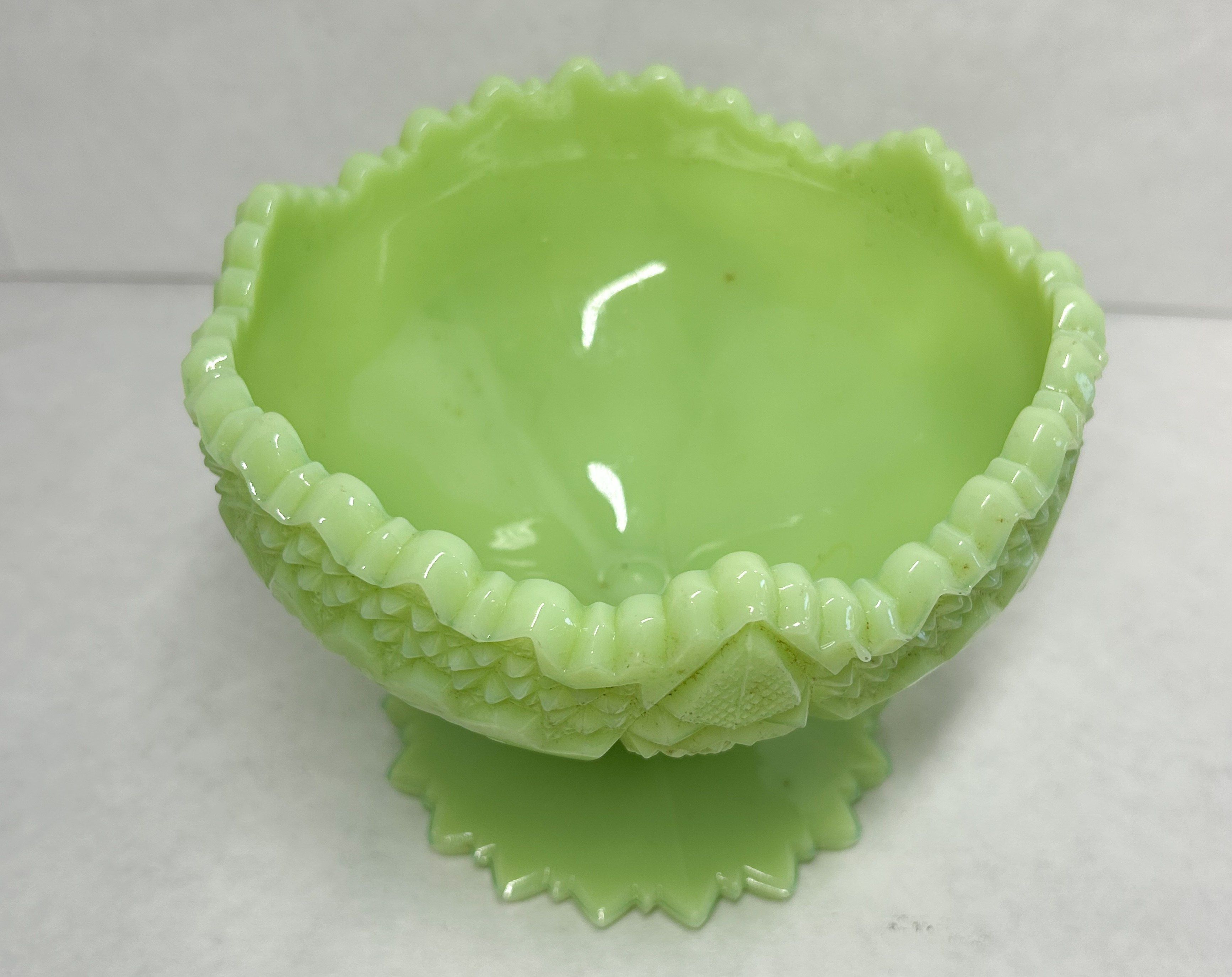 JADEITE FENTON PINWHEEL GLASS PEDESTAL COMPOTE