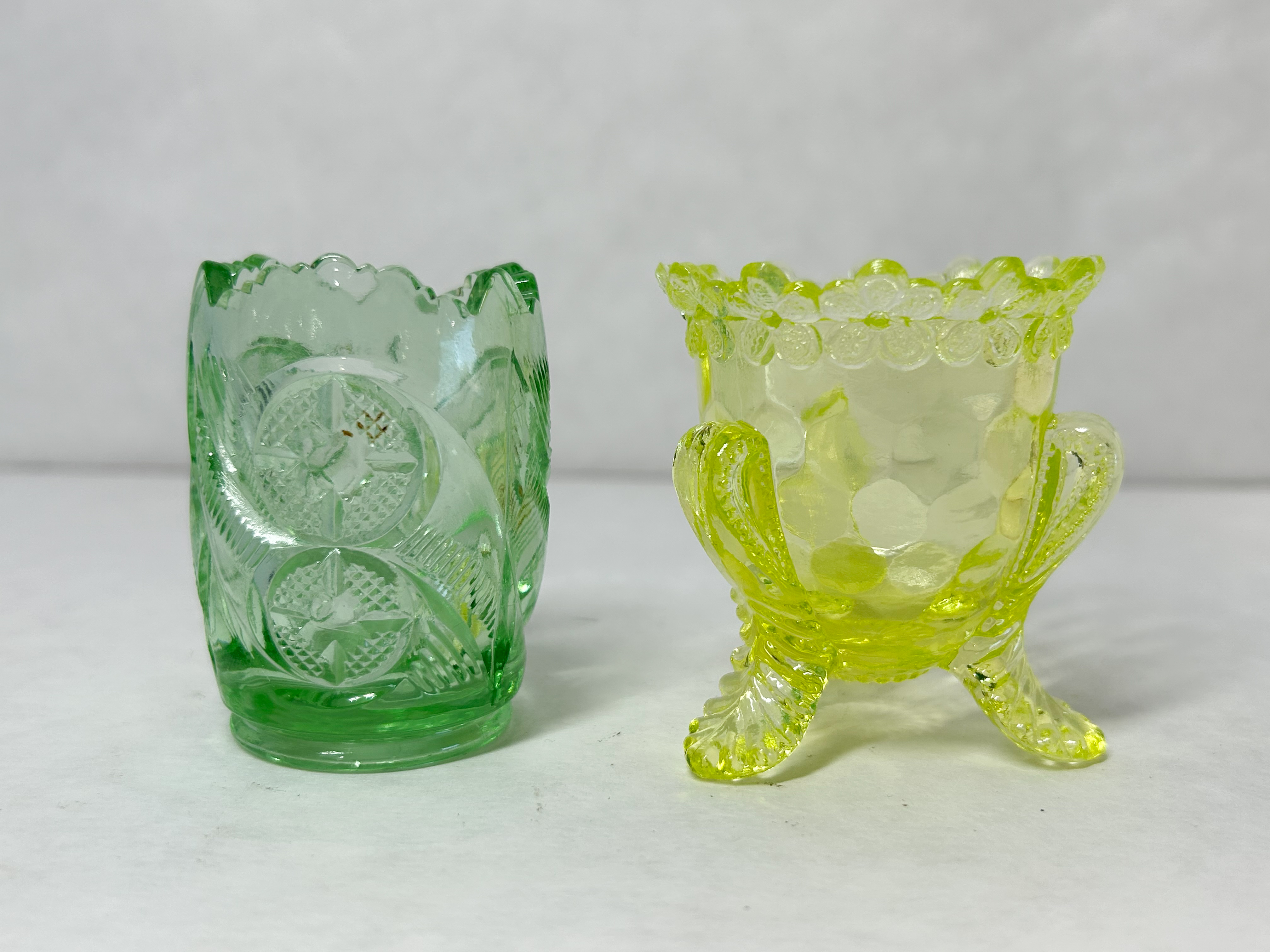 TWO PRESSED GLASS TOOTHPICK HOLDERS, 1900