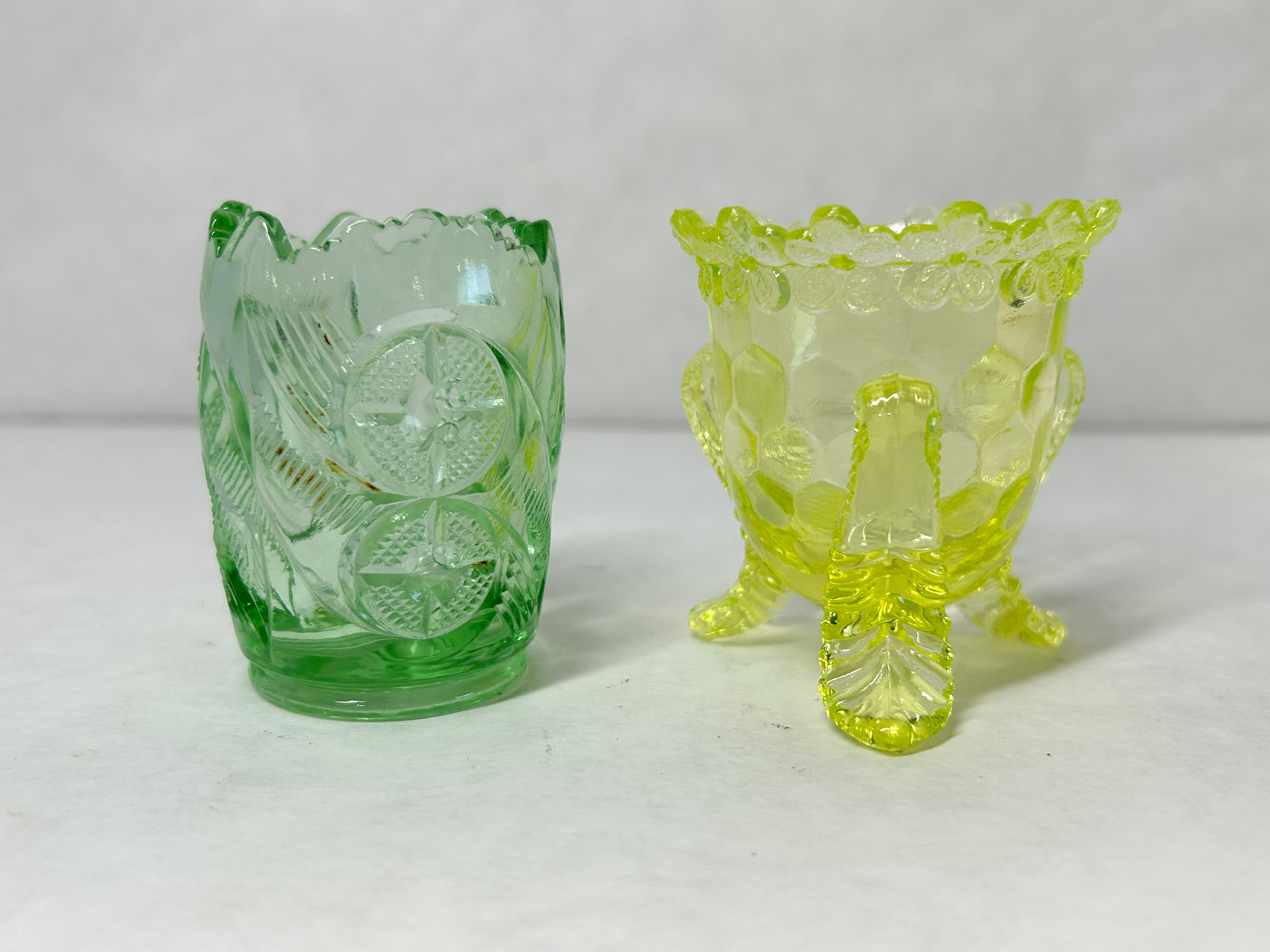 TWO PRESSED GLASS TOOTHPICK HOLDERS, 1900