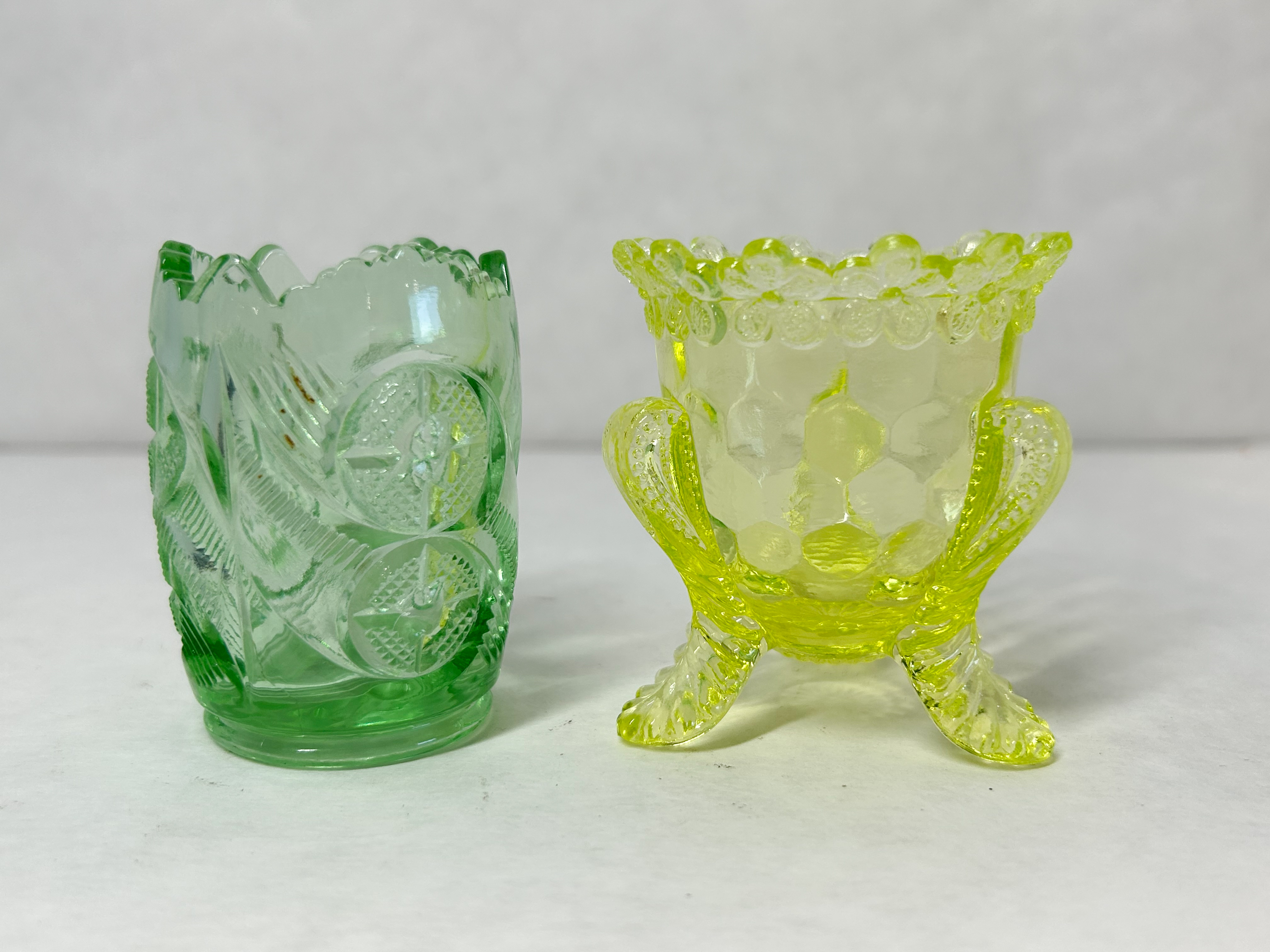 TWO PRESSED GLASS TOOTHPICK HOLDERS, 1900