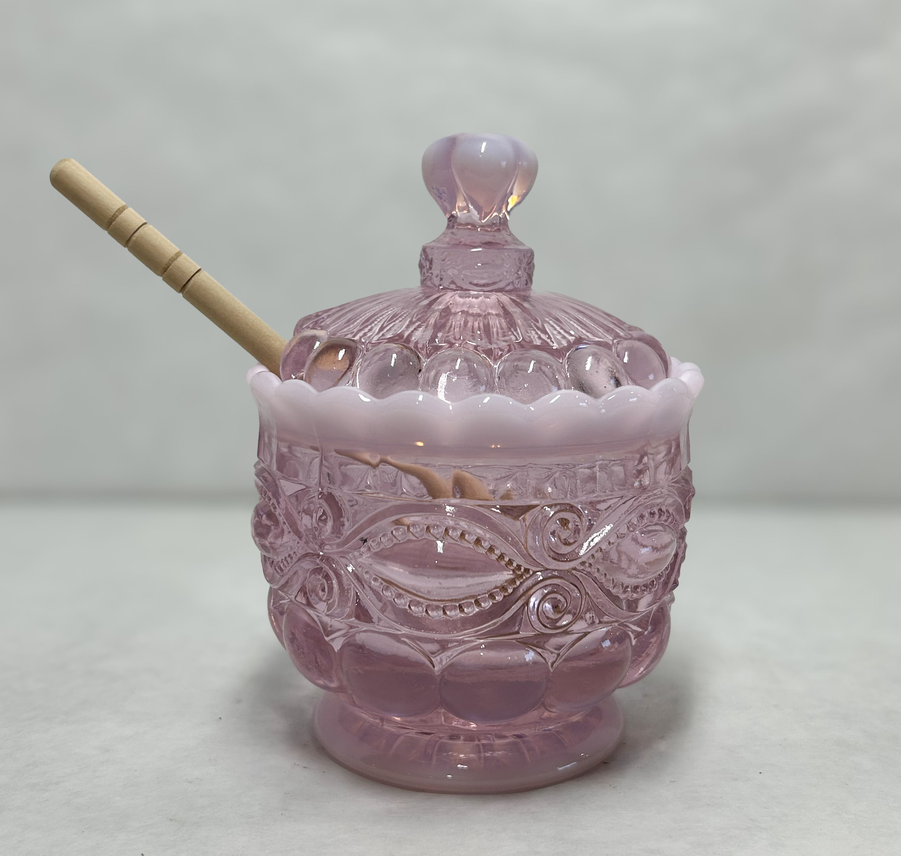 MOSSER EYE WINKER OPALESCENT GLASS HONEY POT