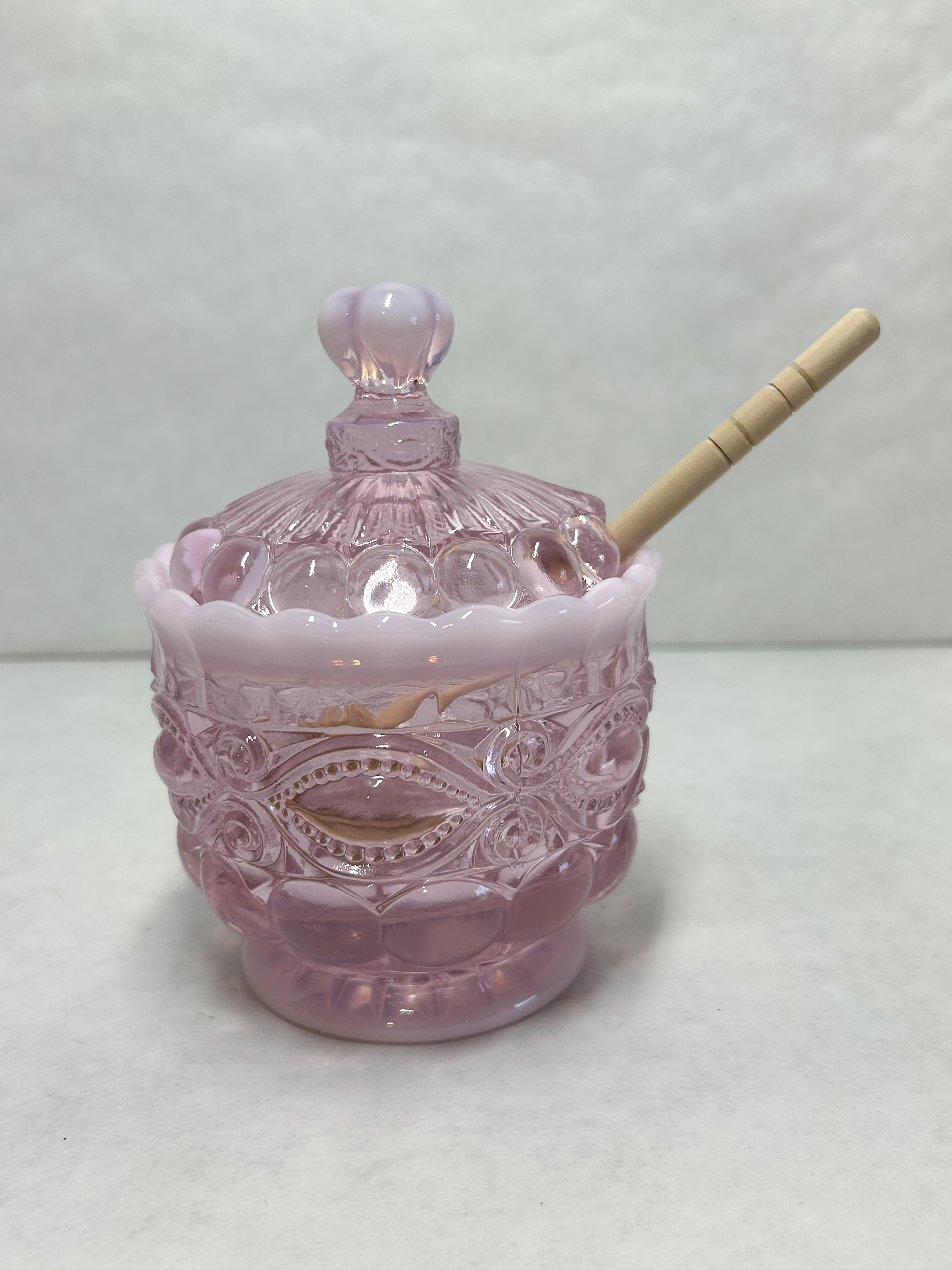 MOSSER EYE WINKER OPALESCENT GLASS HONEY POT