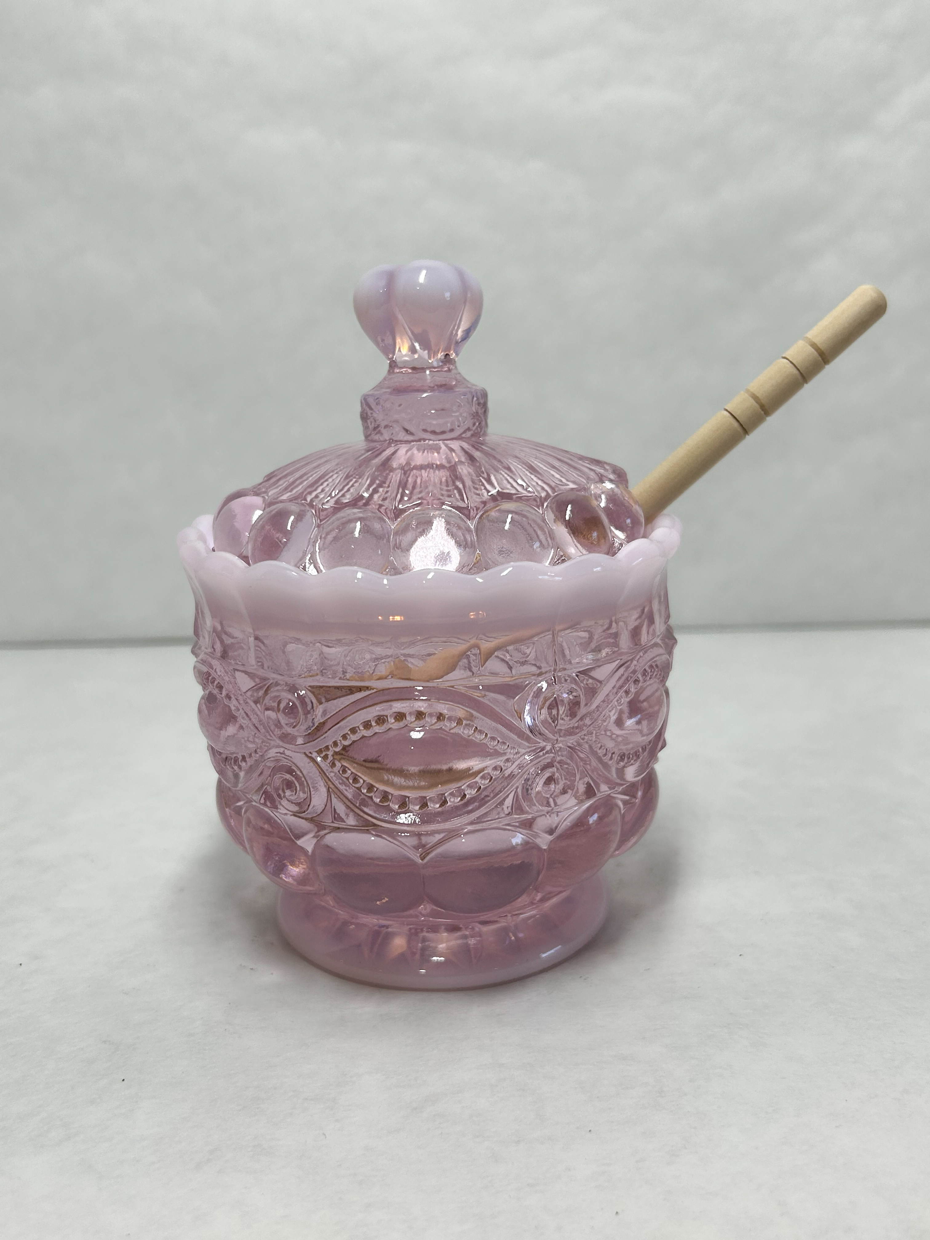 MOSSER EYE WINKER OPALESCENT GLASS HONEY POT