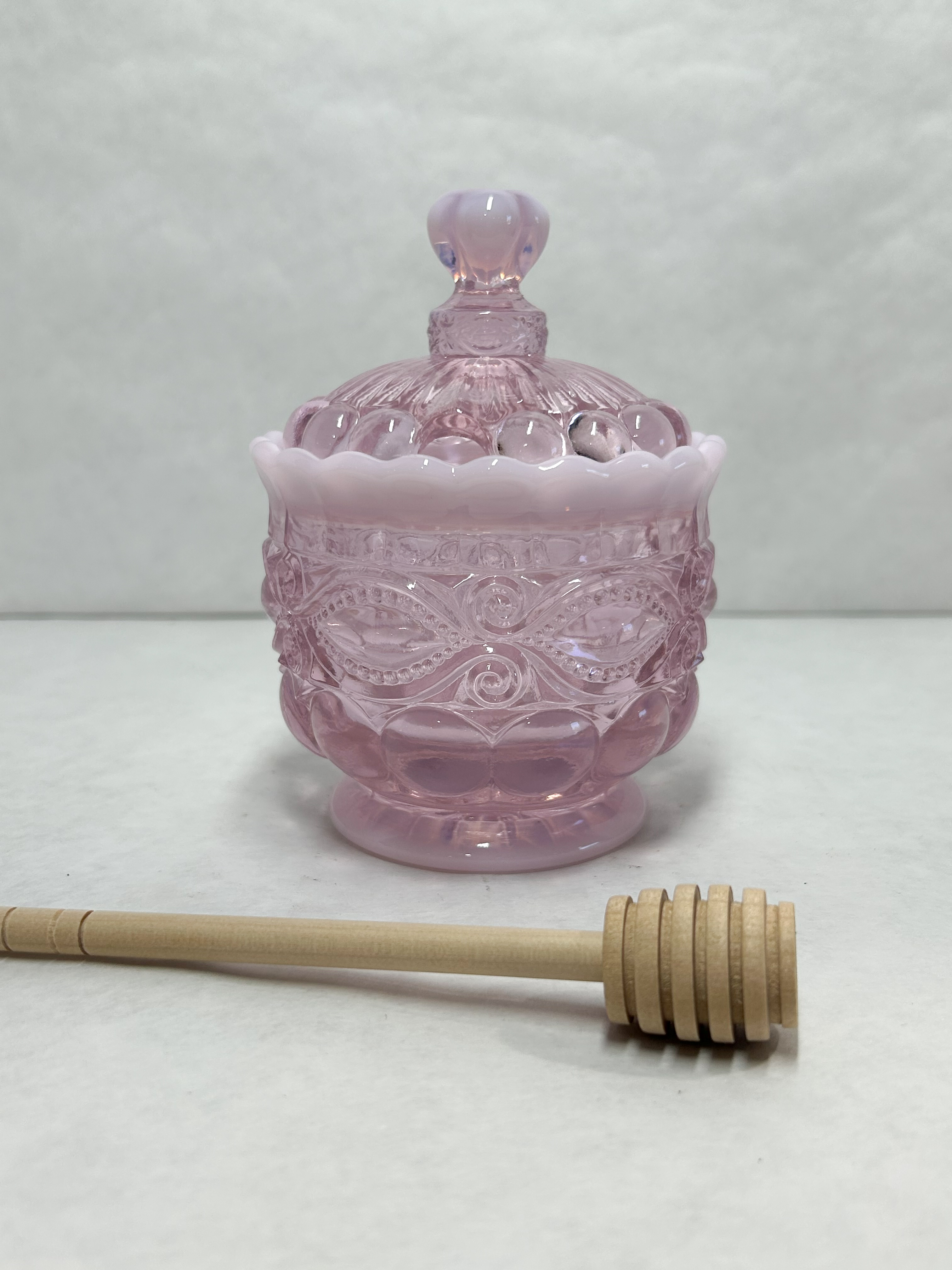 MOSSER EYE WINKER OPALESCENT GLASS HONEY POT