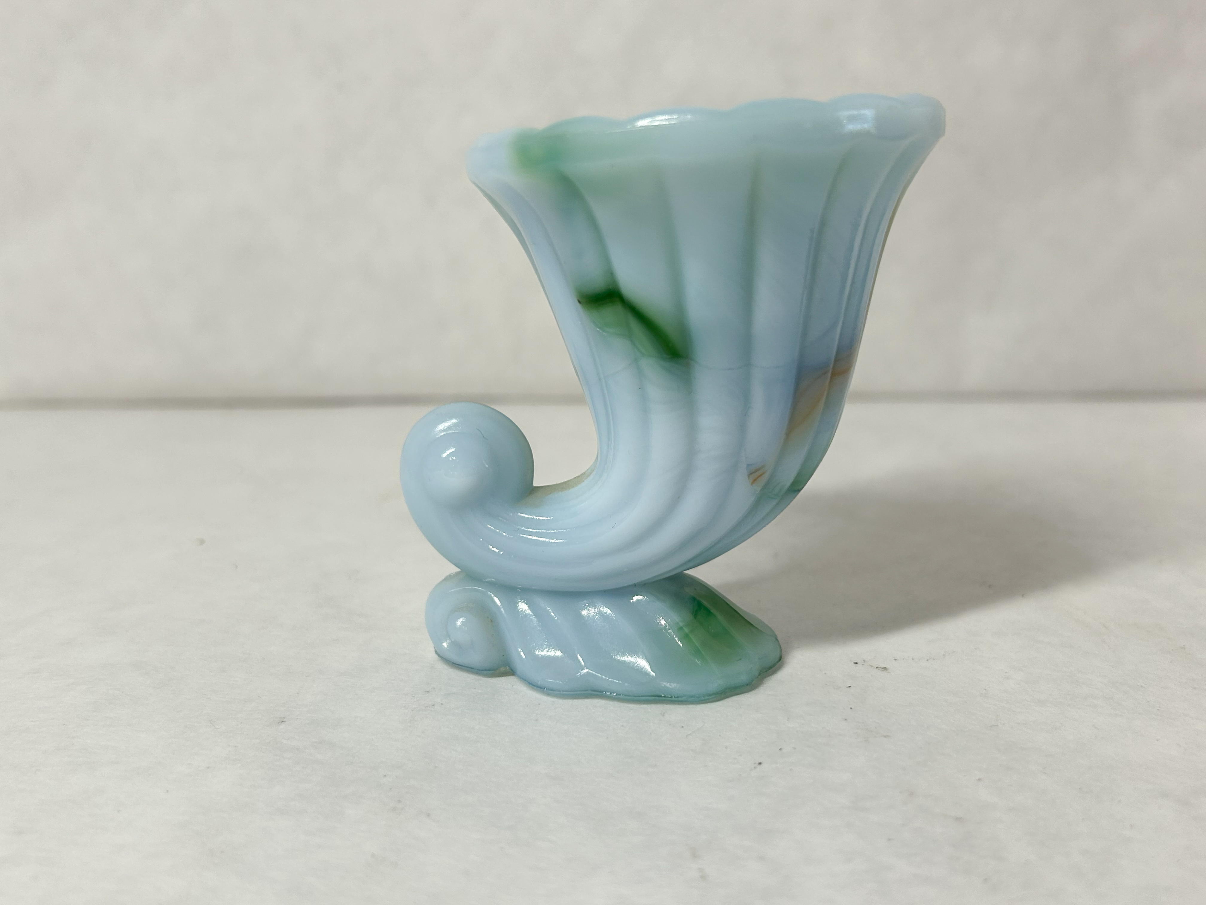 BLUE AND GREEN SLAG GLASS CORNUCOPIA