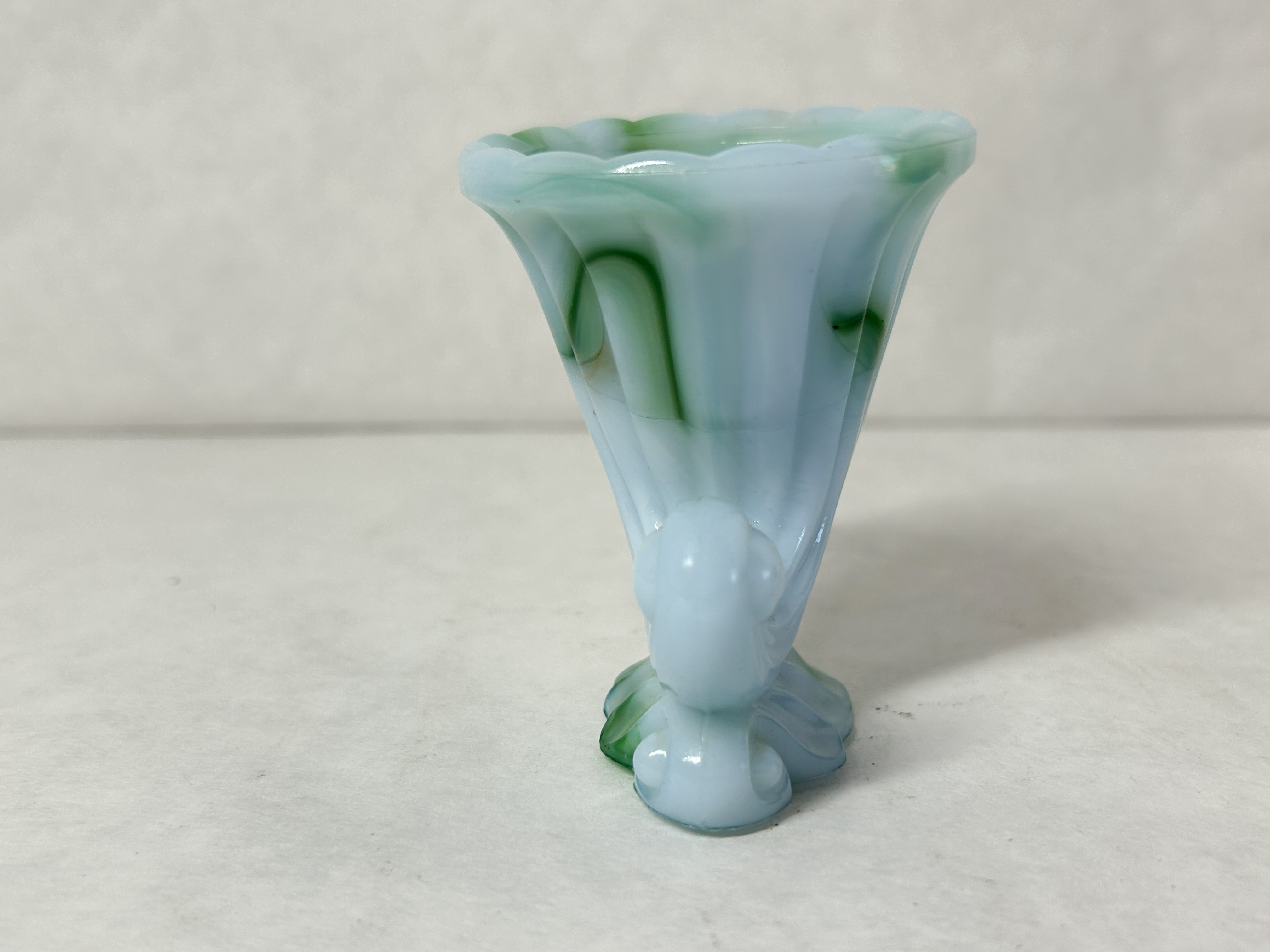 BLUE AND GREEN SLAG GLASS CORNUCOPIA