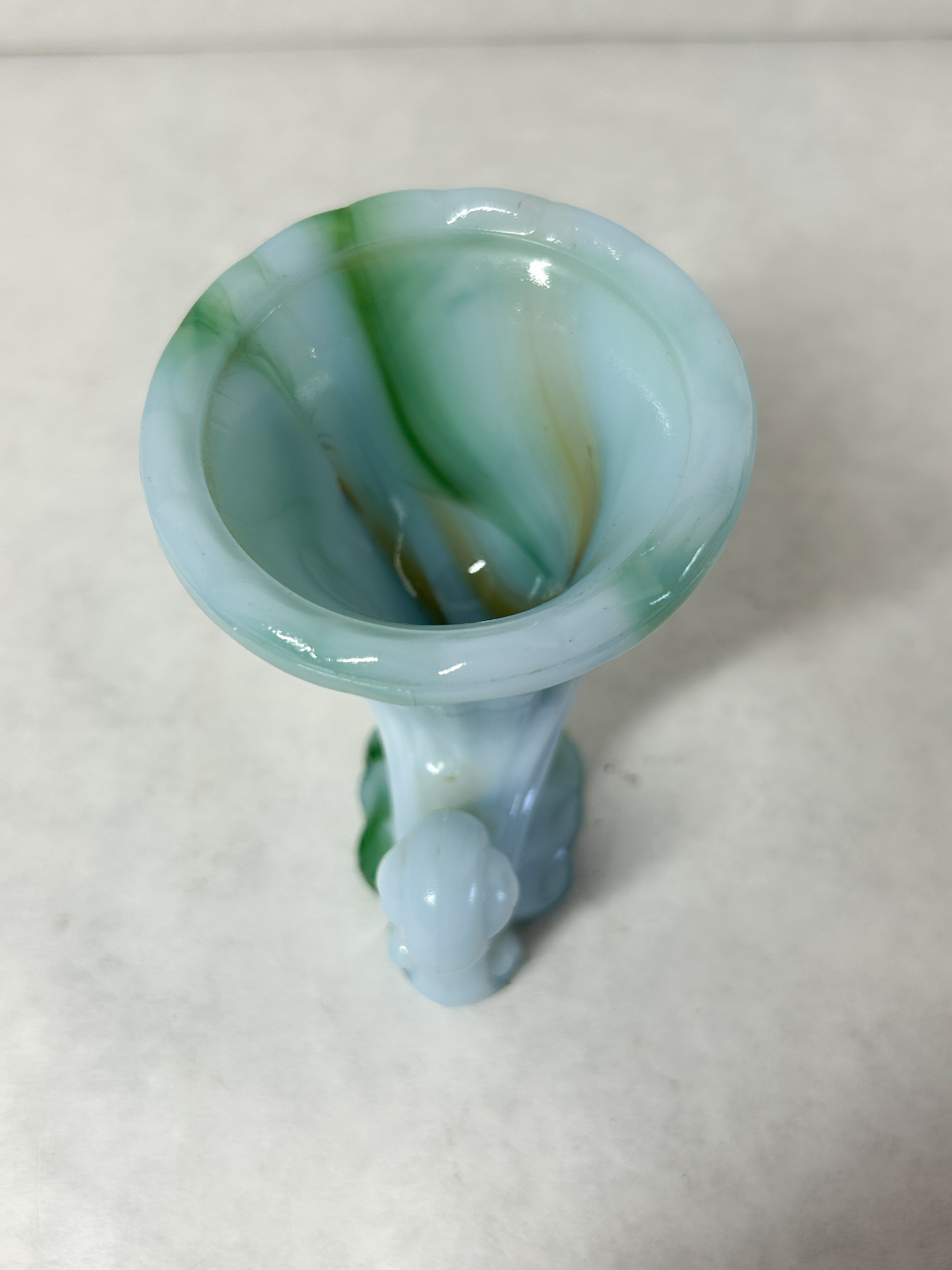 BLUE AND GREEN SLAG GLASS CORNUCOPIA
