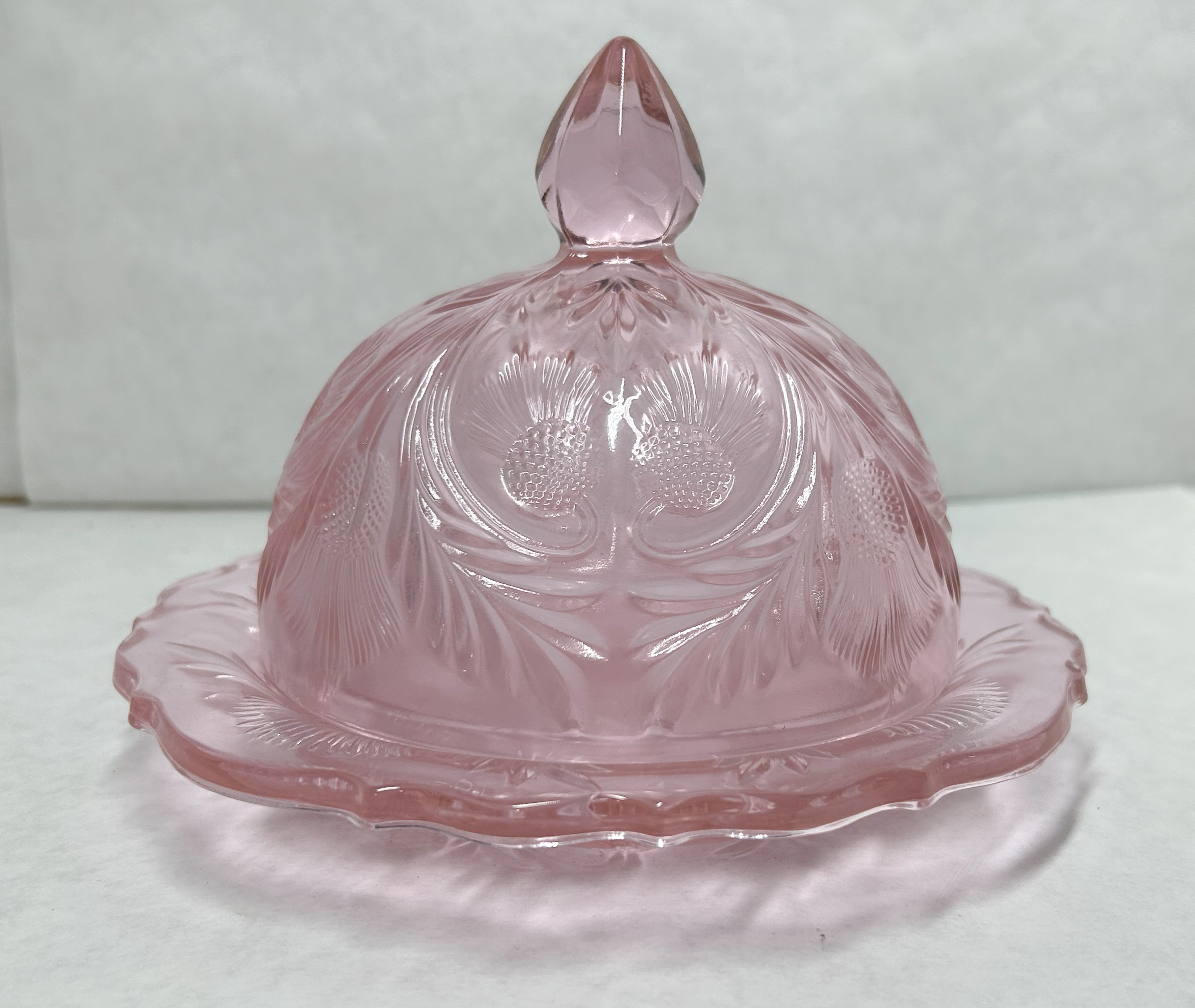 MOSSER INVERTED THISTLE PINK GLASS BUTTER DISH