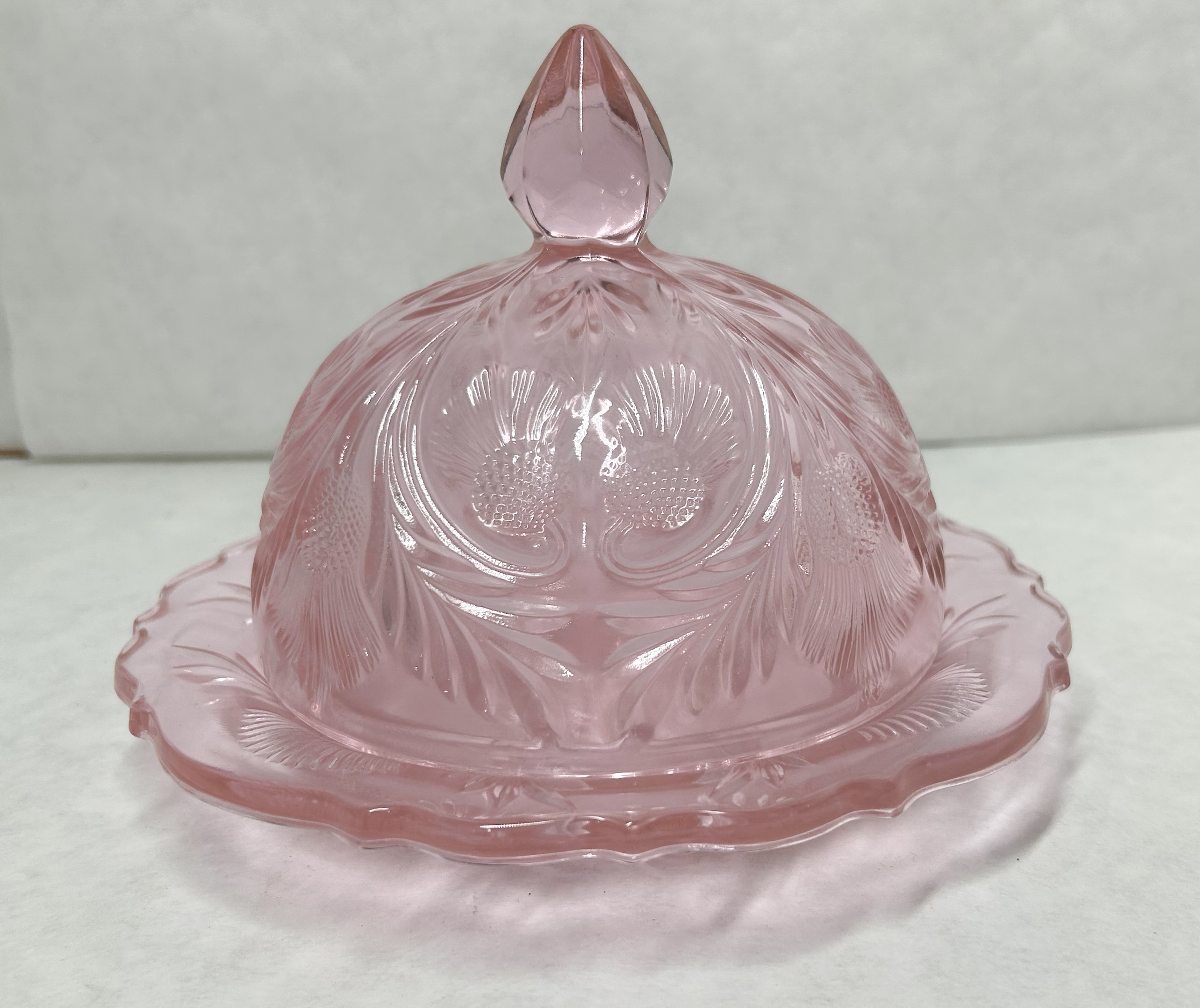 MOSSER INVERTED THISTLE PINK GLASS BUTTER DISH