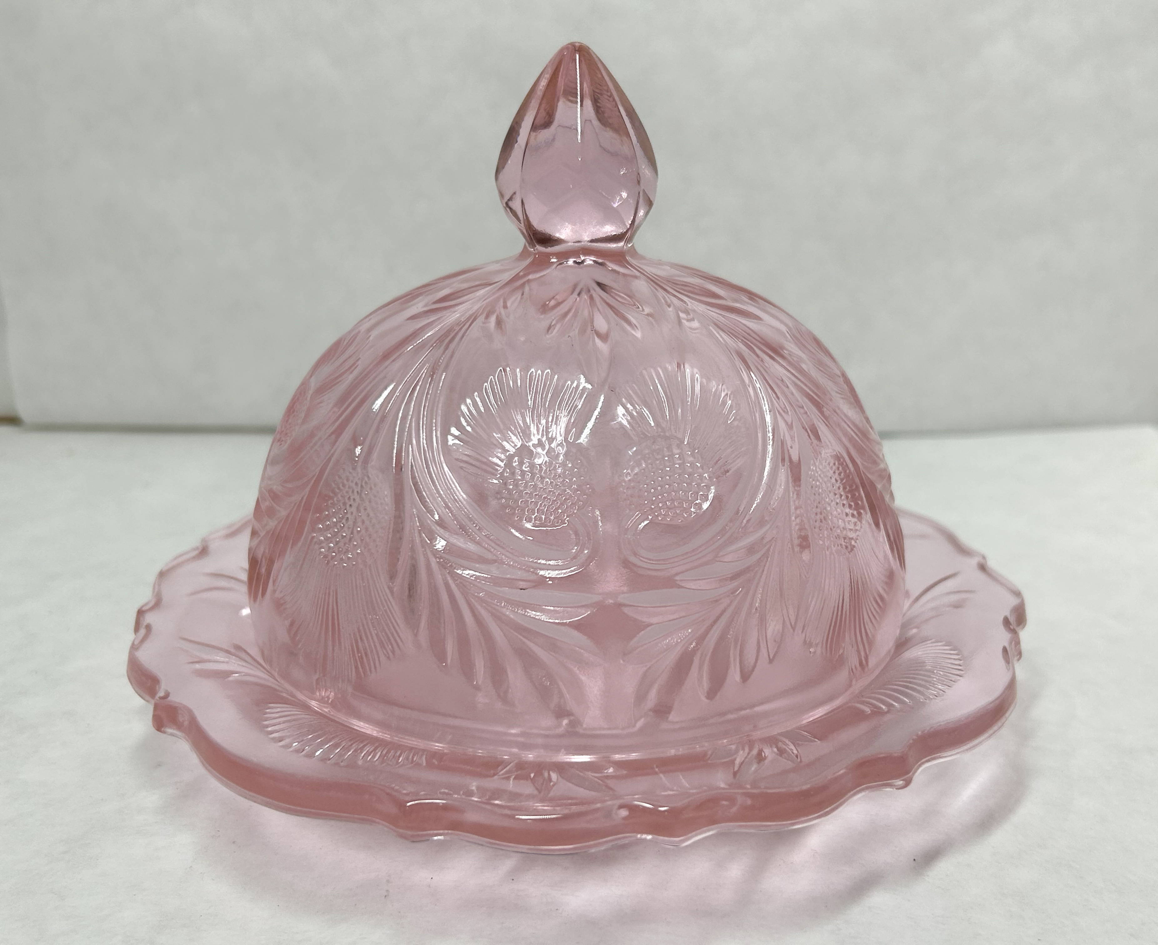MOSSER INVERTED THISTLE PINK GLASS BUTTER DISH