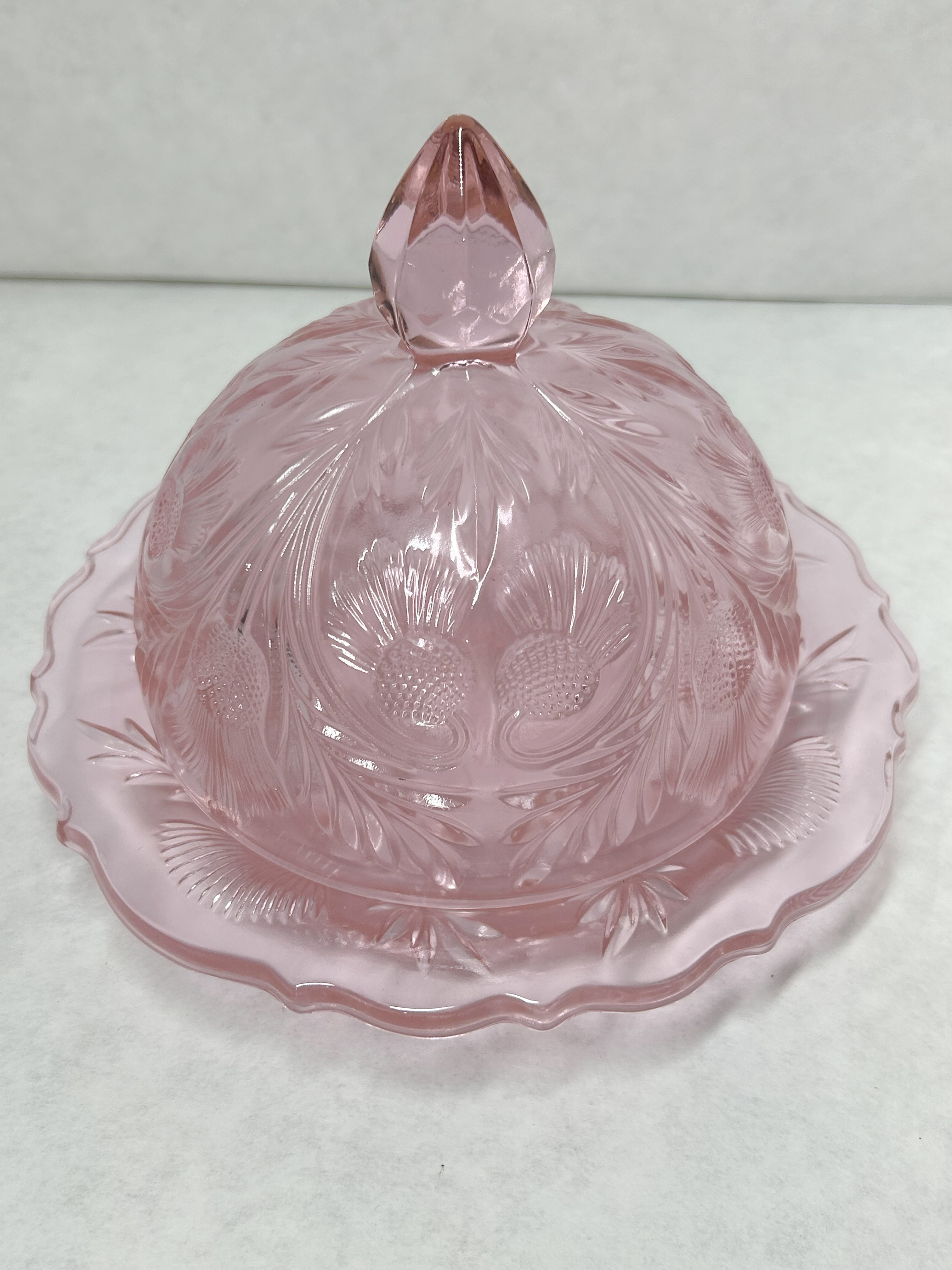 MOSSER INVERTED THISTLE PINK GLASS BUTTER DISH