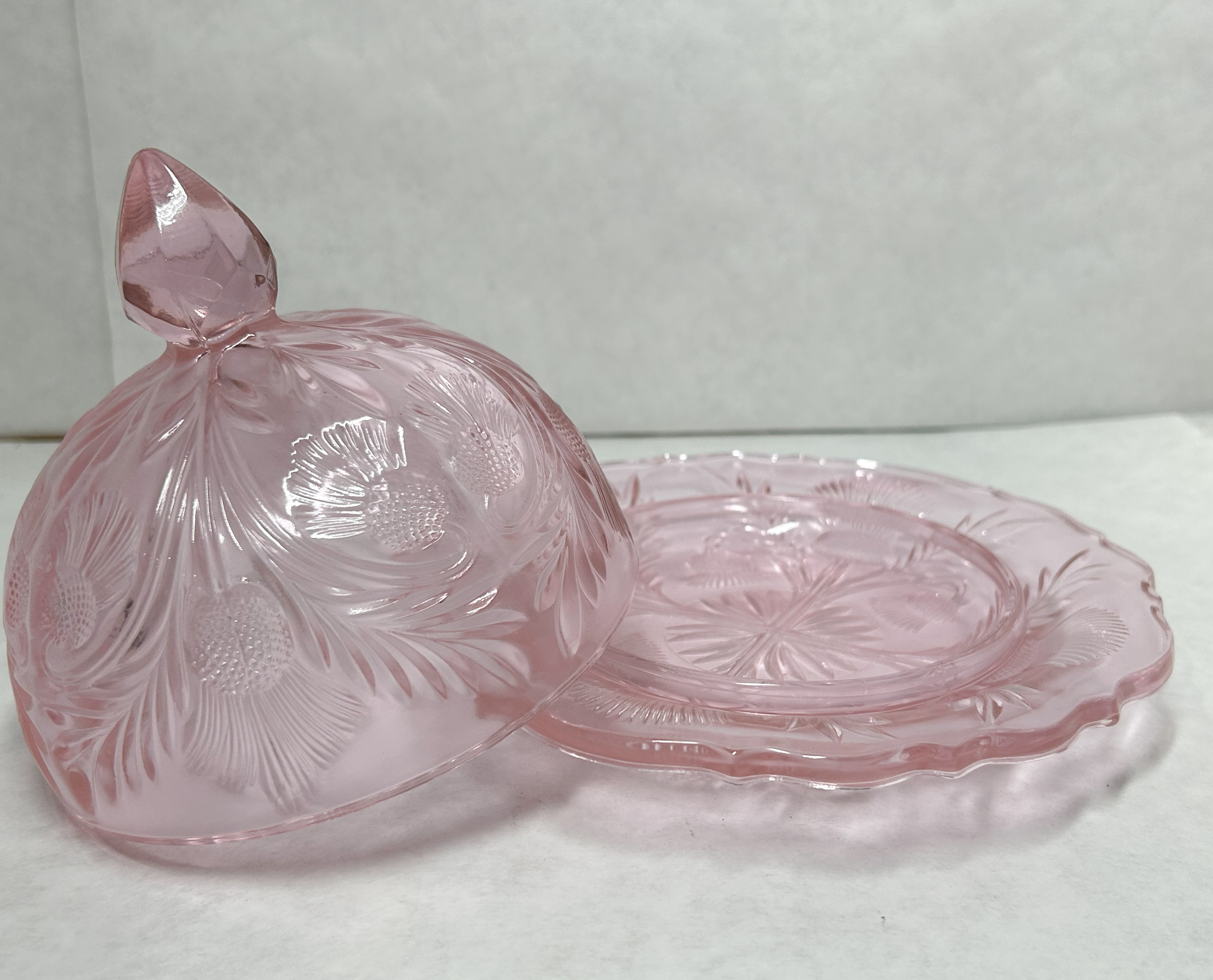 MOSSER INVERTED THISTLE PINK GLASS BUTTER DISH