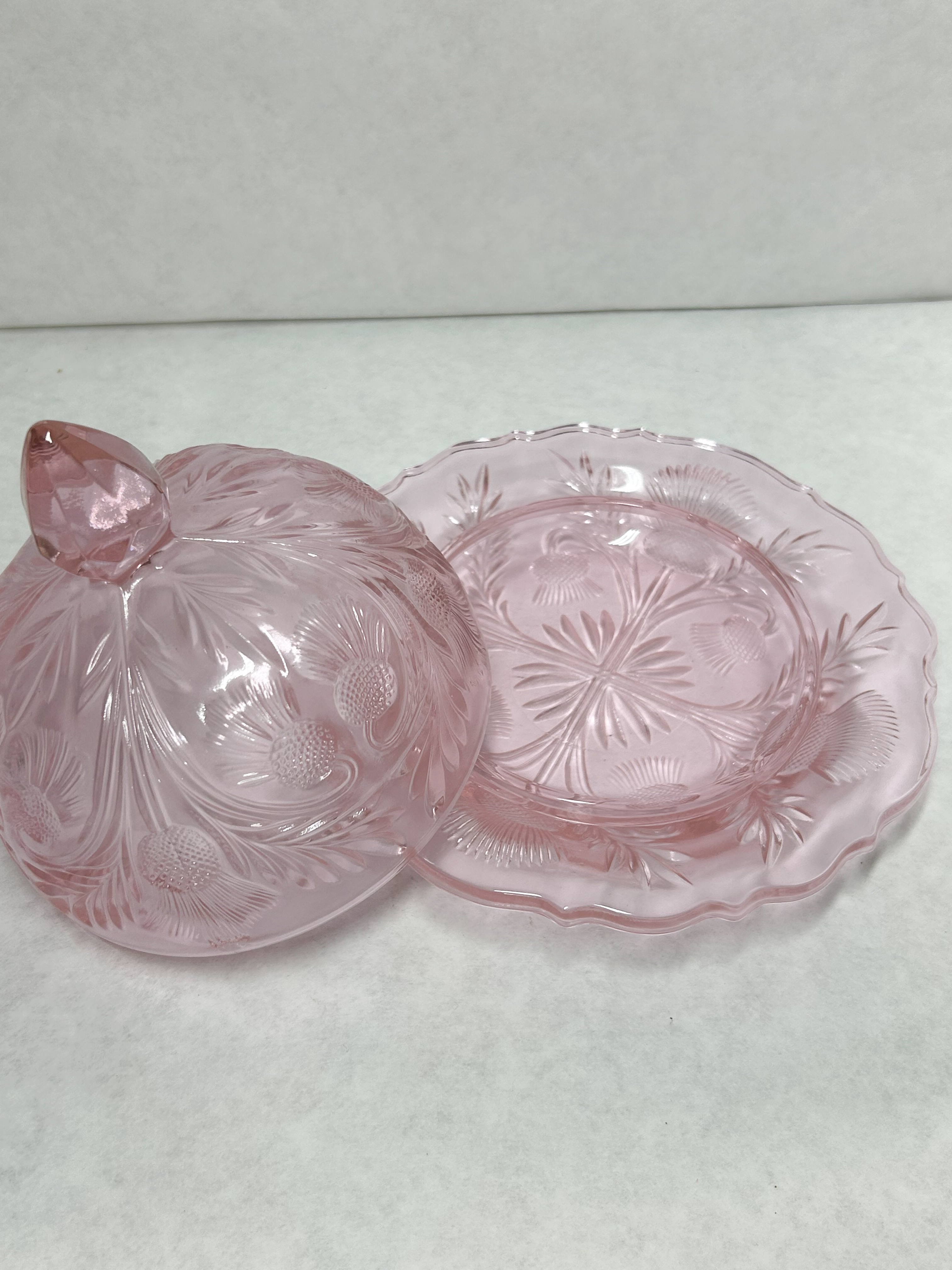 MOSSER INVERTED THISTLE PINK GLASS BUTTER DISH