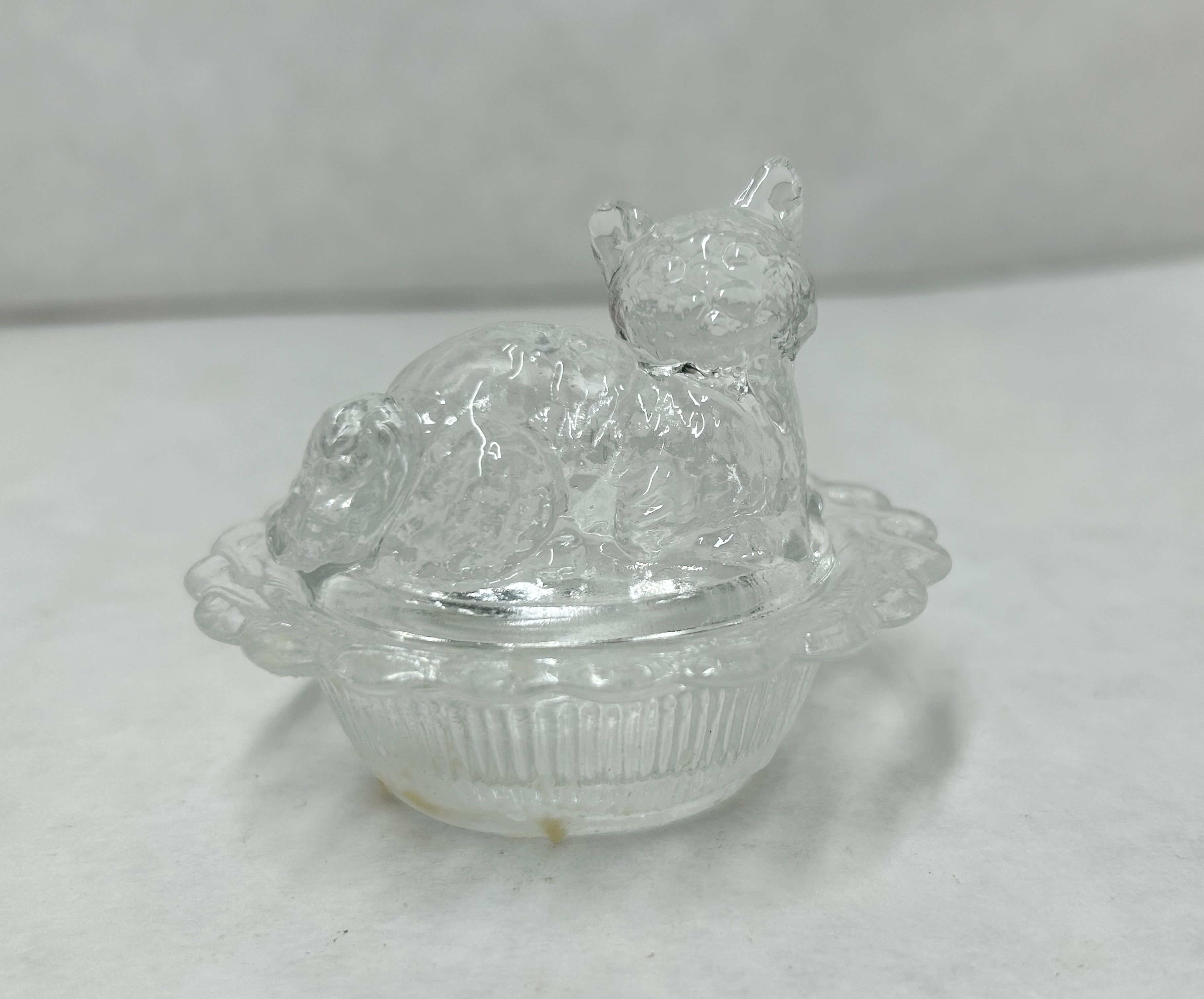CLEAR PRESSED GLASS CAT ON NEST