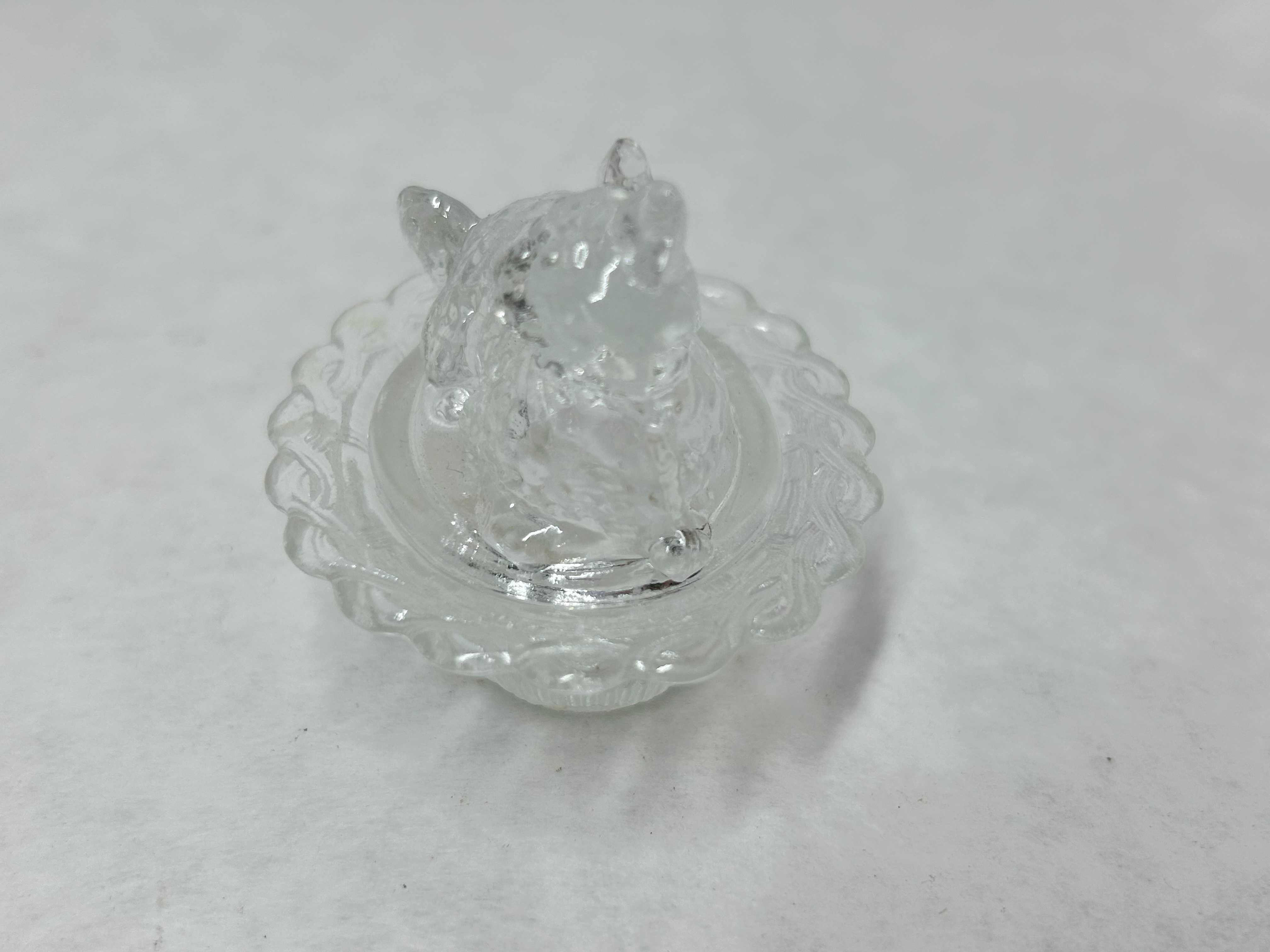 CLEAR PRESSED GLASS CAT ON NEST