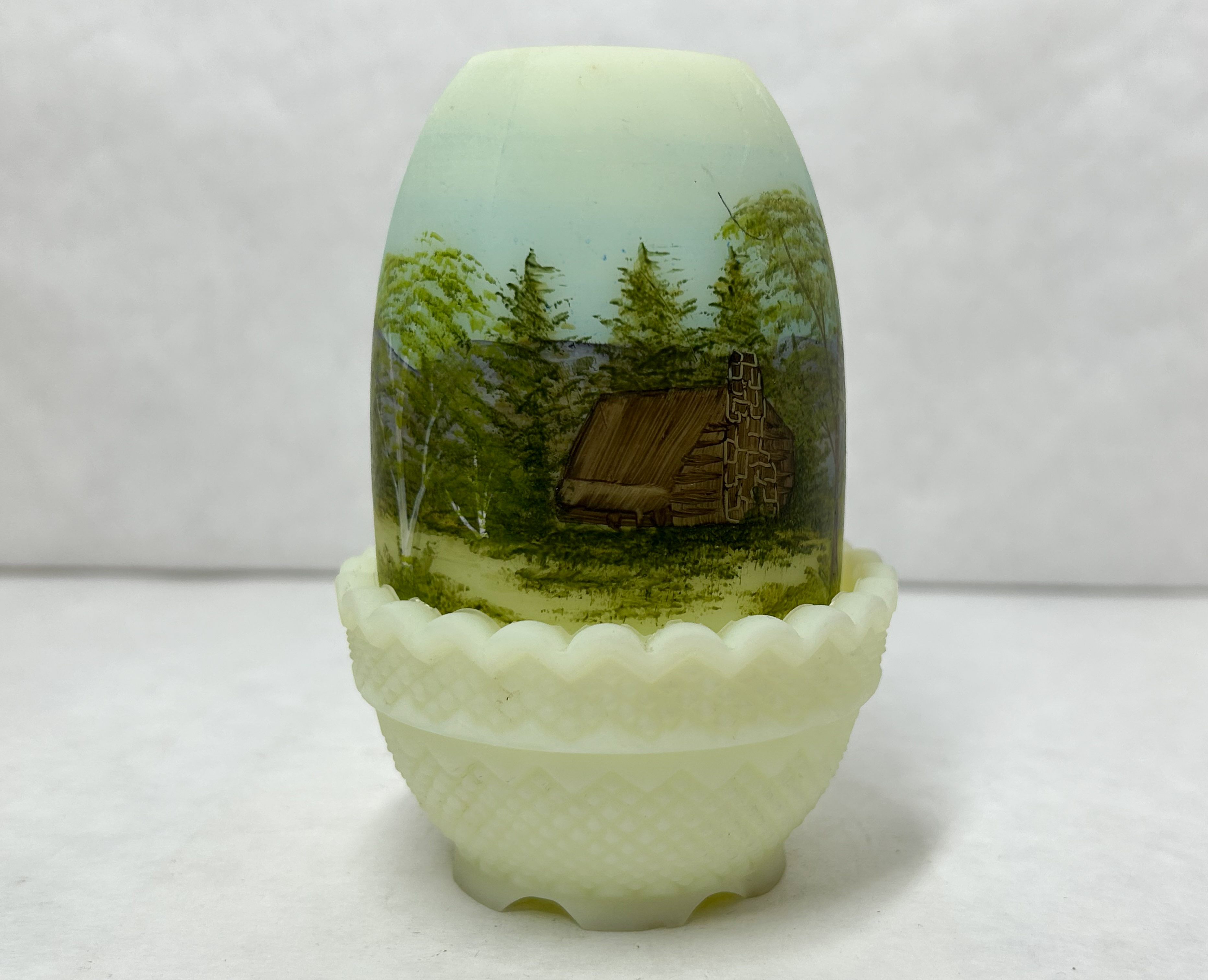 HAND-PAINTED CUSTARD GLASS FAIRY LAMP, 1976