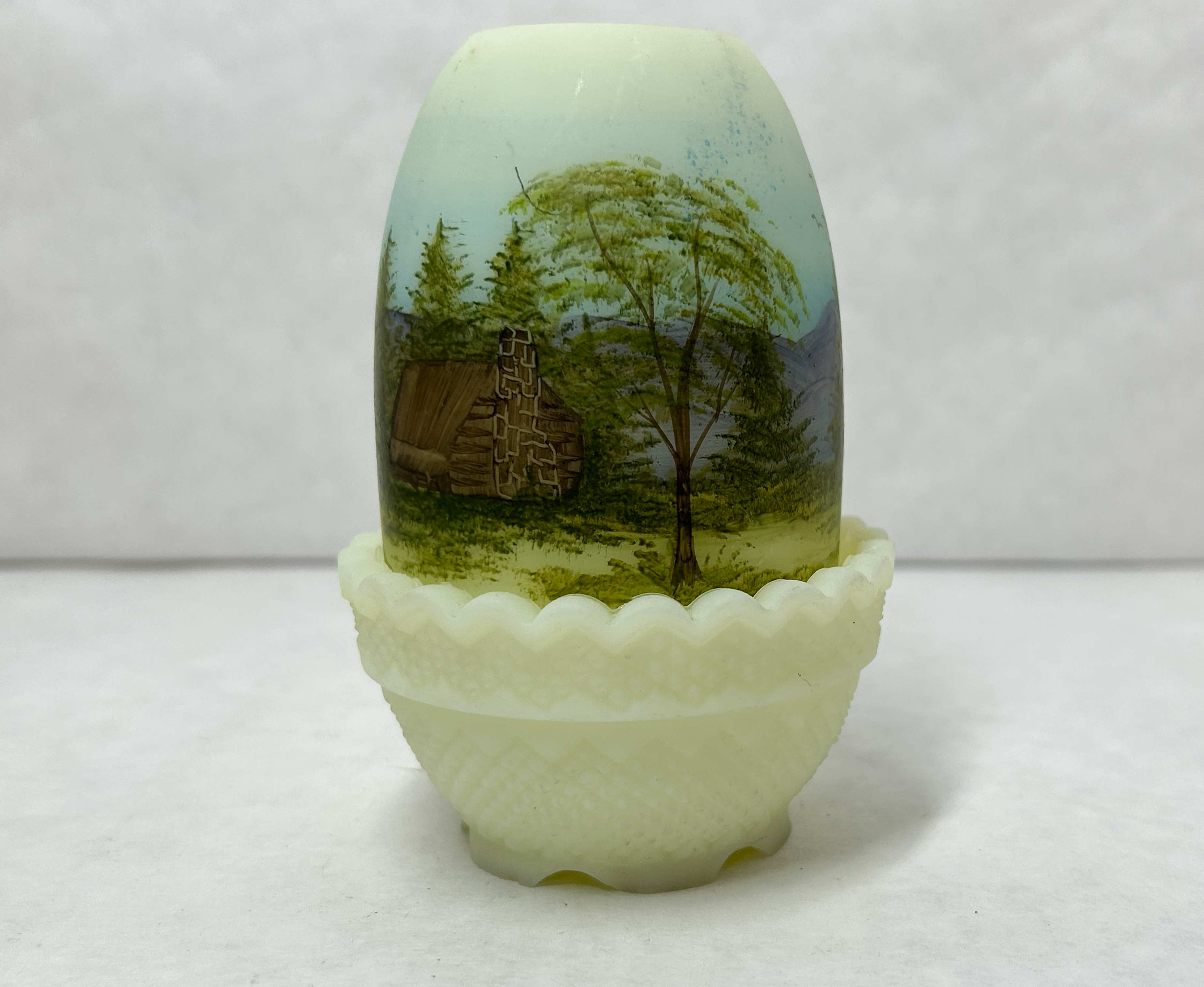 HAND-PAINTED CUSTARD GLASS FAIRY LAMP, 1976