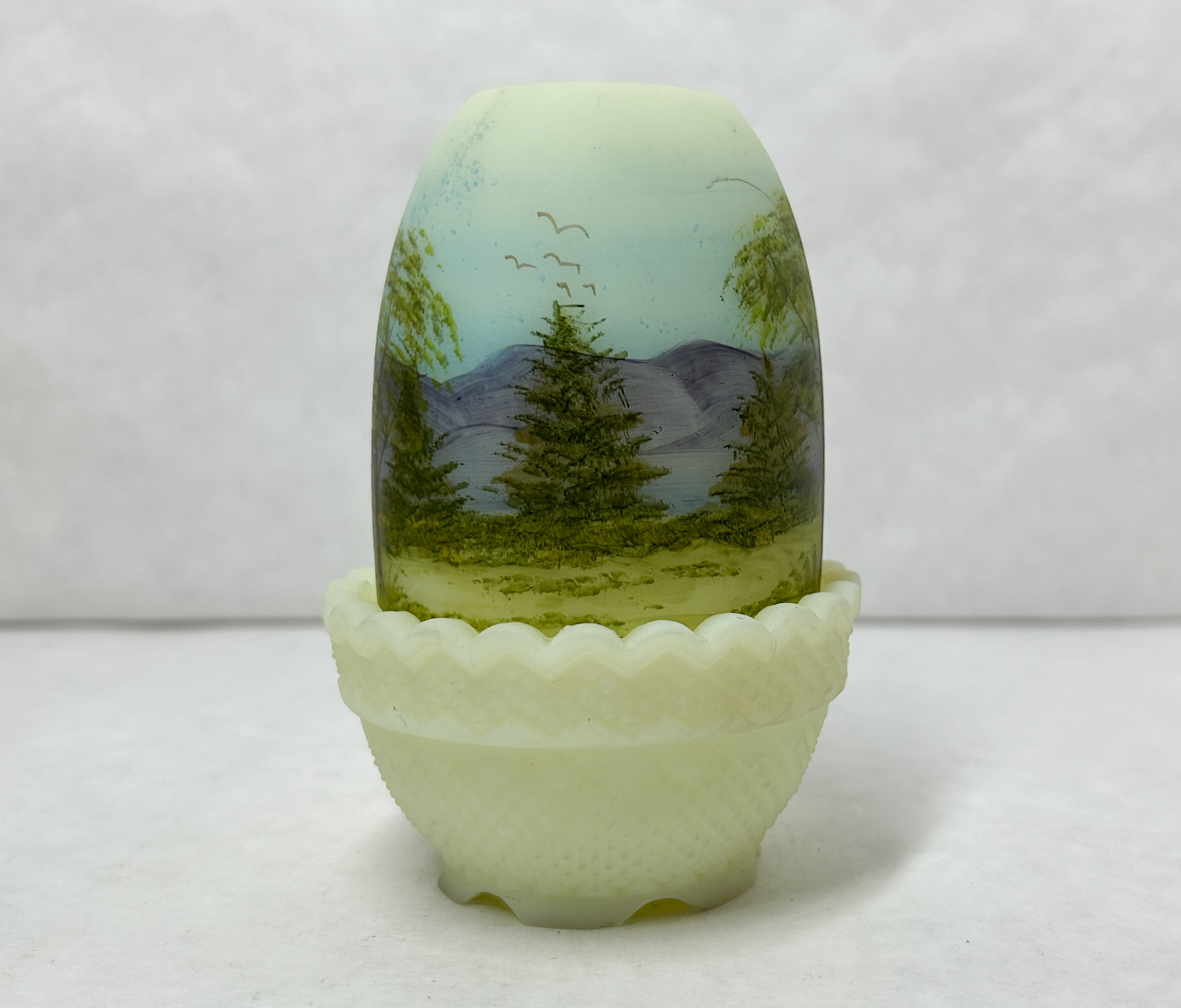 HAND-PAINTED CUSTARD GLASS FAIRY LAMP, 1976