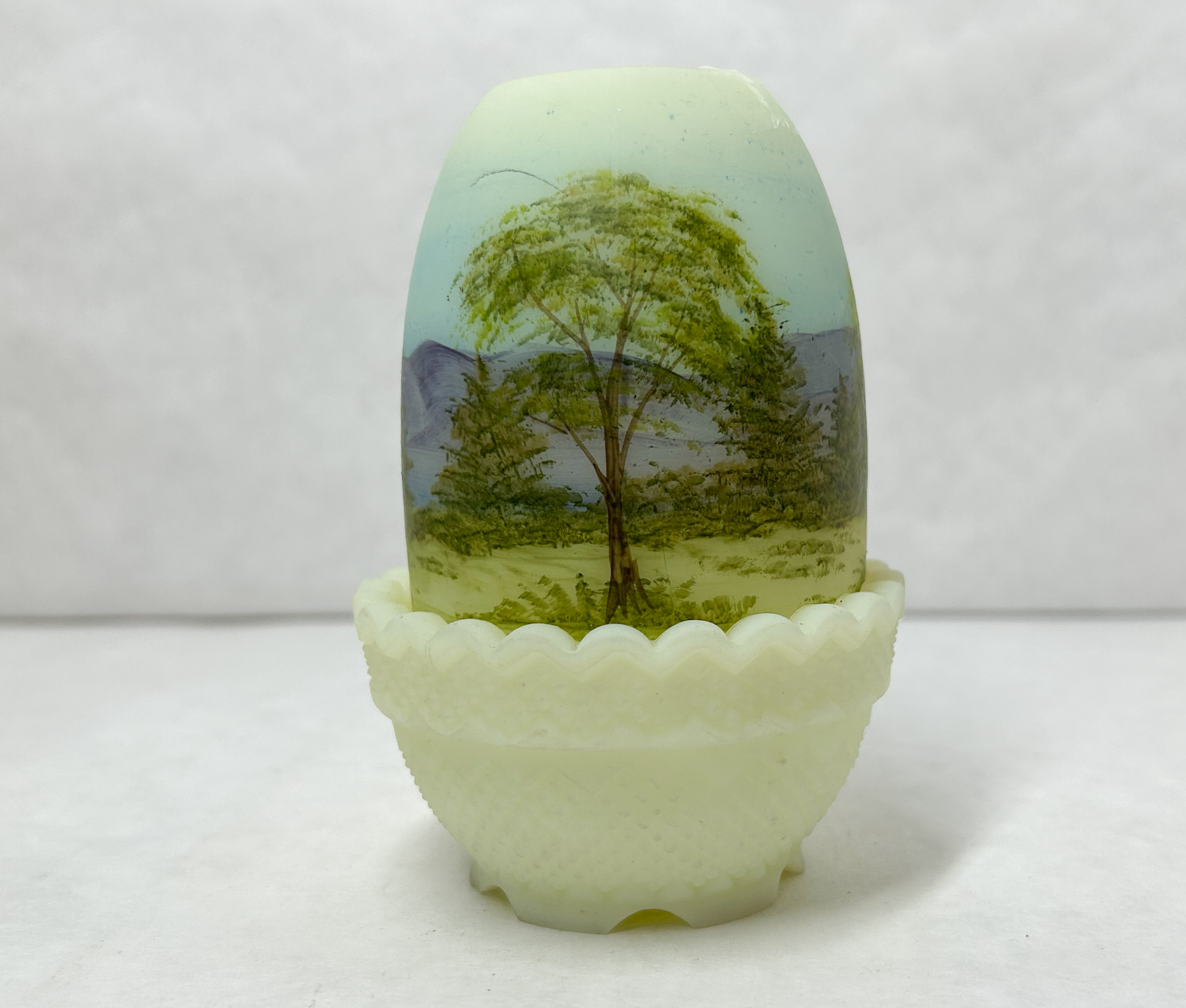 HAND-PAINTED CUSTARD GLASS FAIRY LAMP, 1976