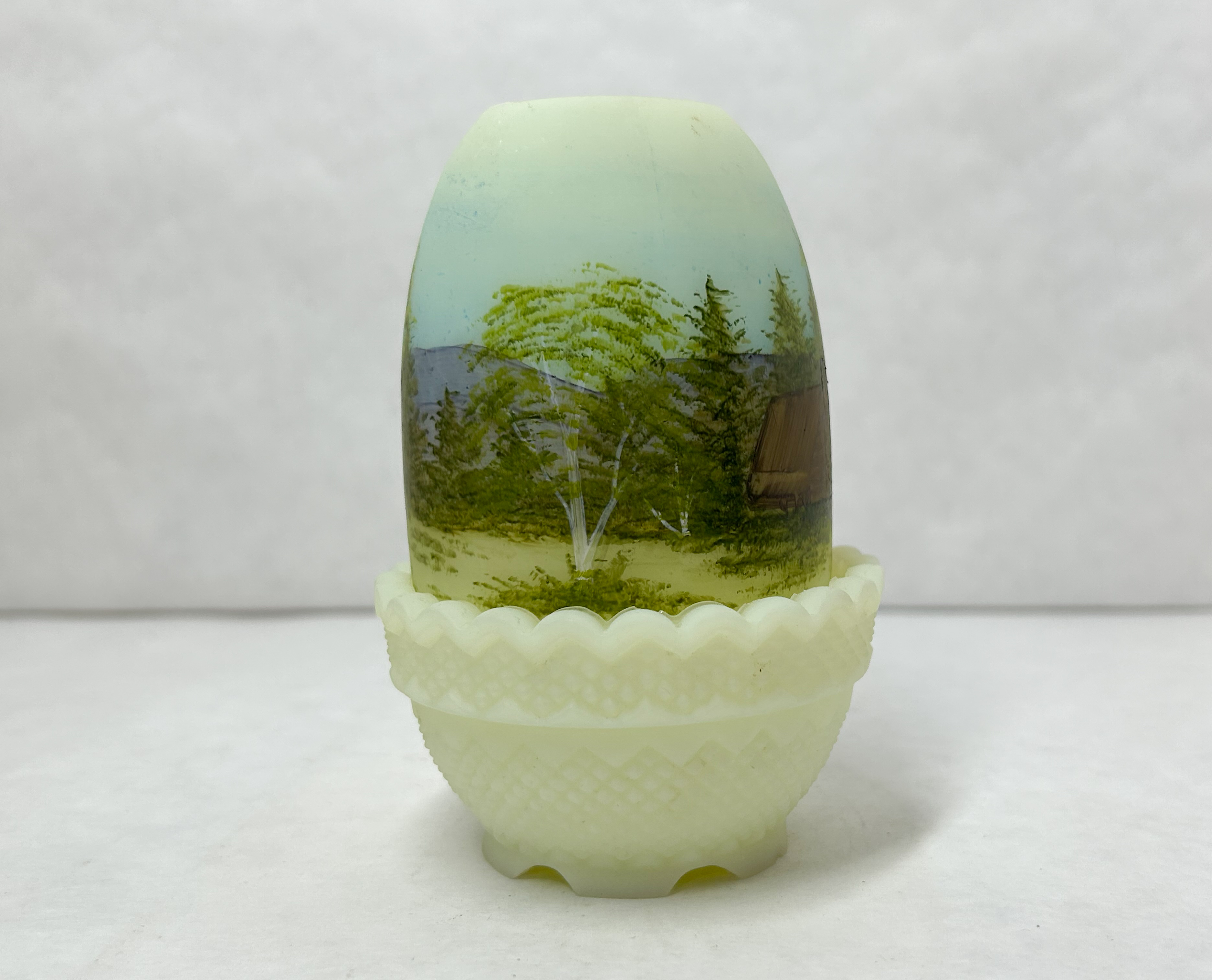 HAND-PAINTED CUSTARD GLASS FAIRY LAMP, 1976