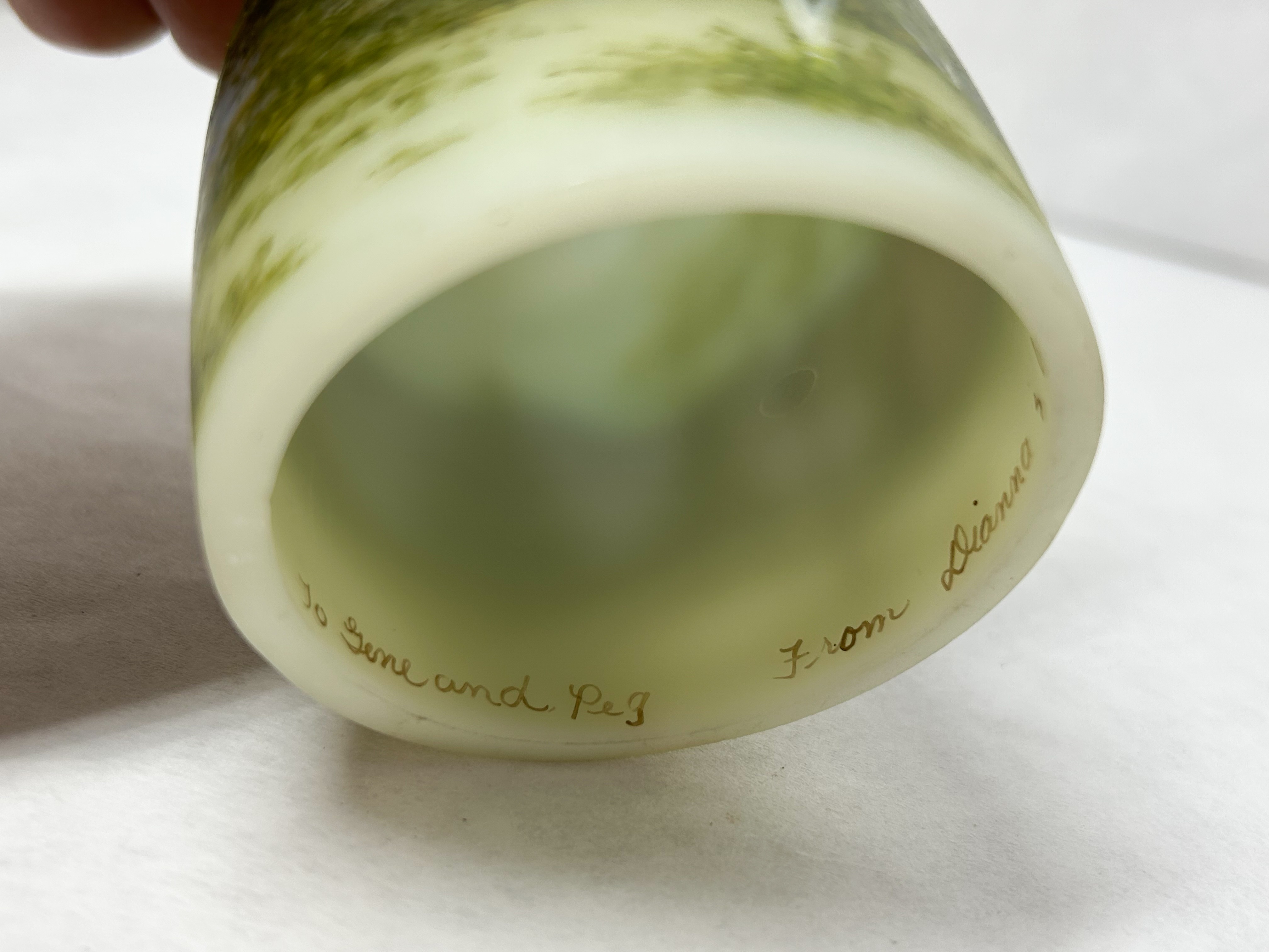 HAND-PAINTED CUSTARD GLASS FAIRY LAMP, 1976