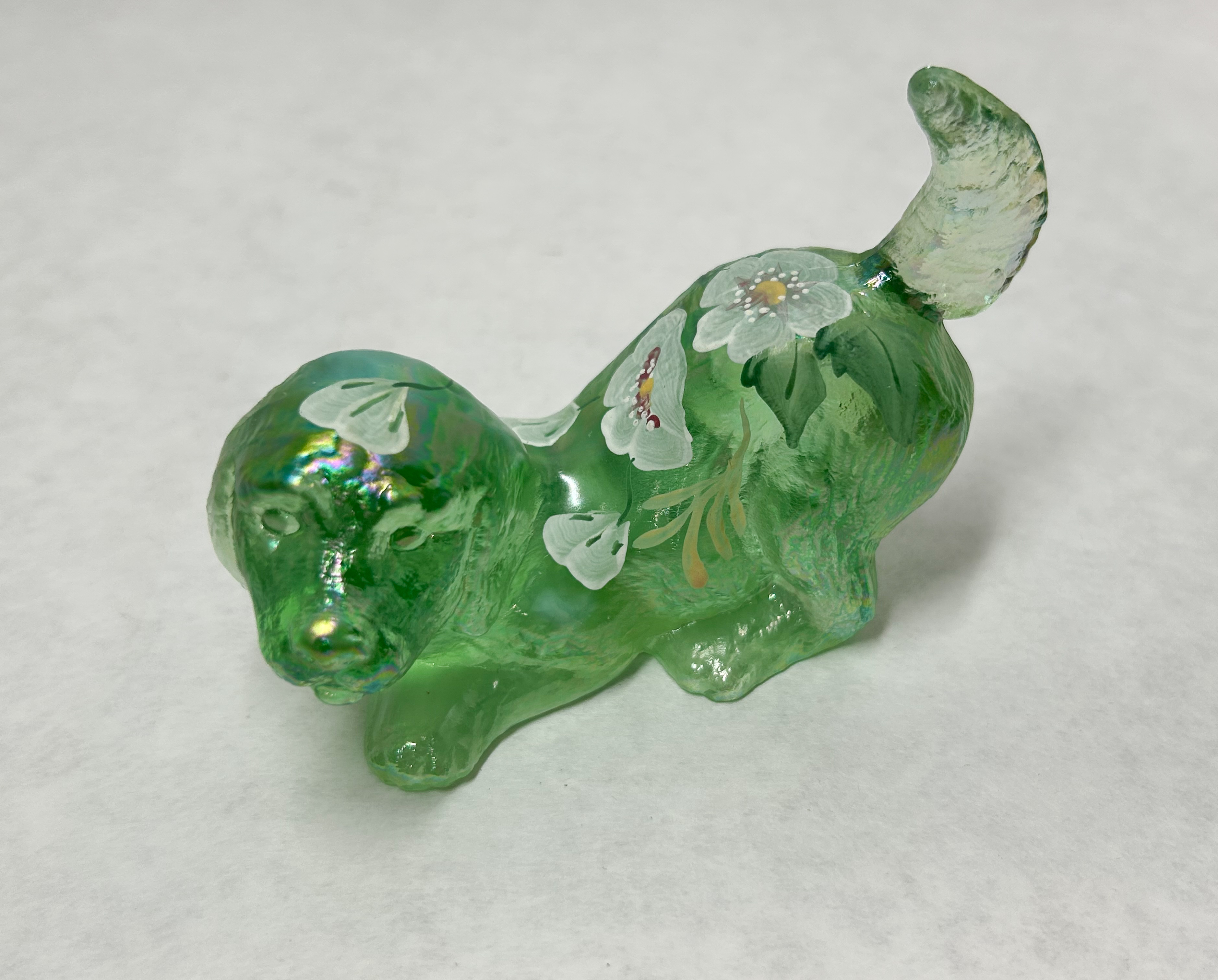 FENTON IRIDESCENT GREEN GLASS DOG, 2000