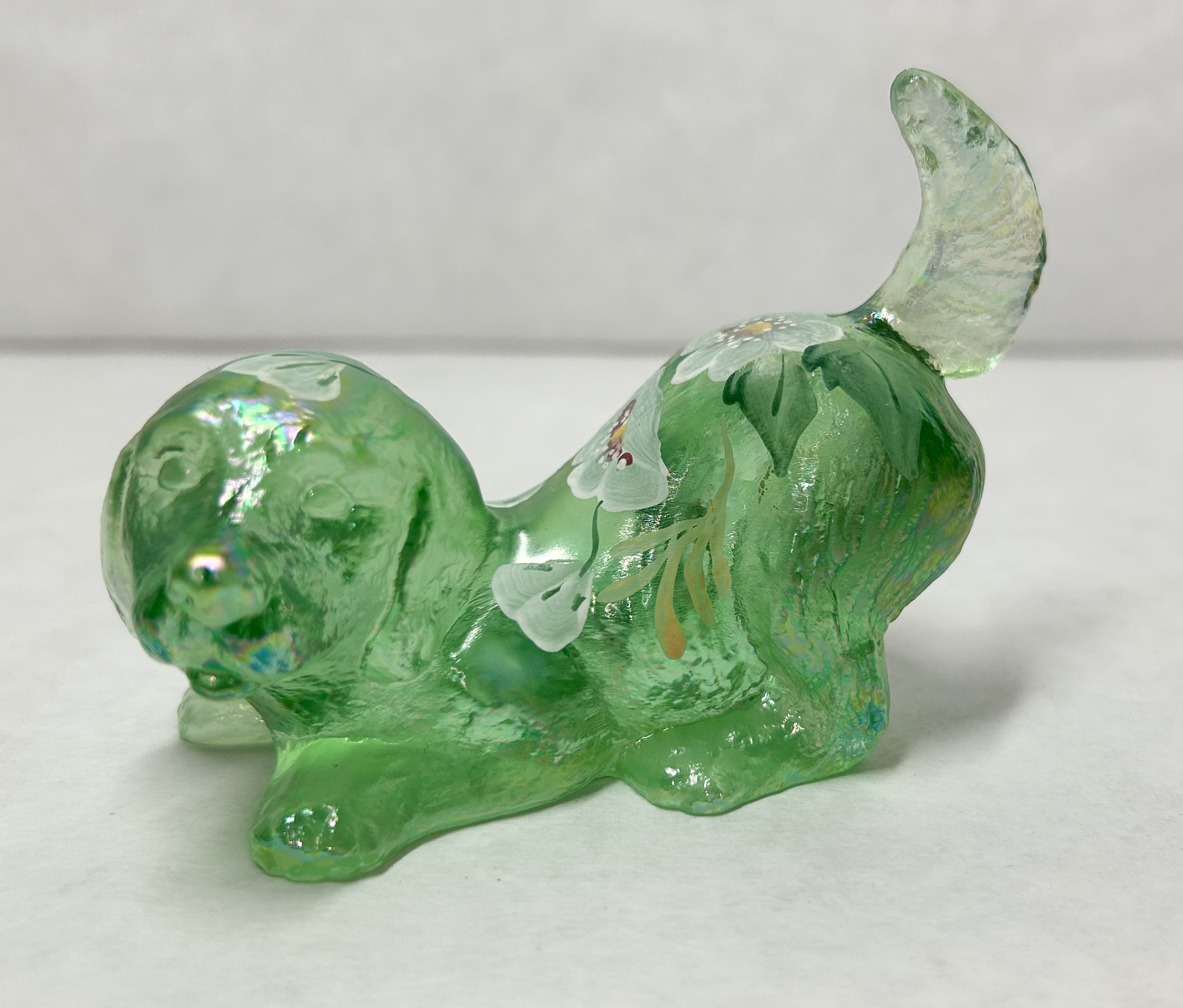 FENTON IRIDESCENT GREEN GLASS DOG, 2000