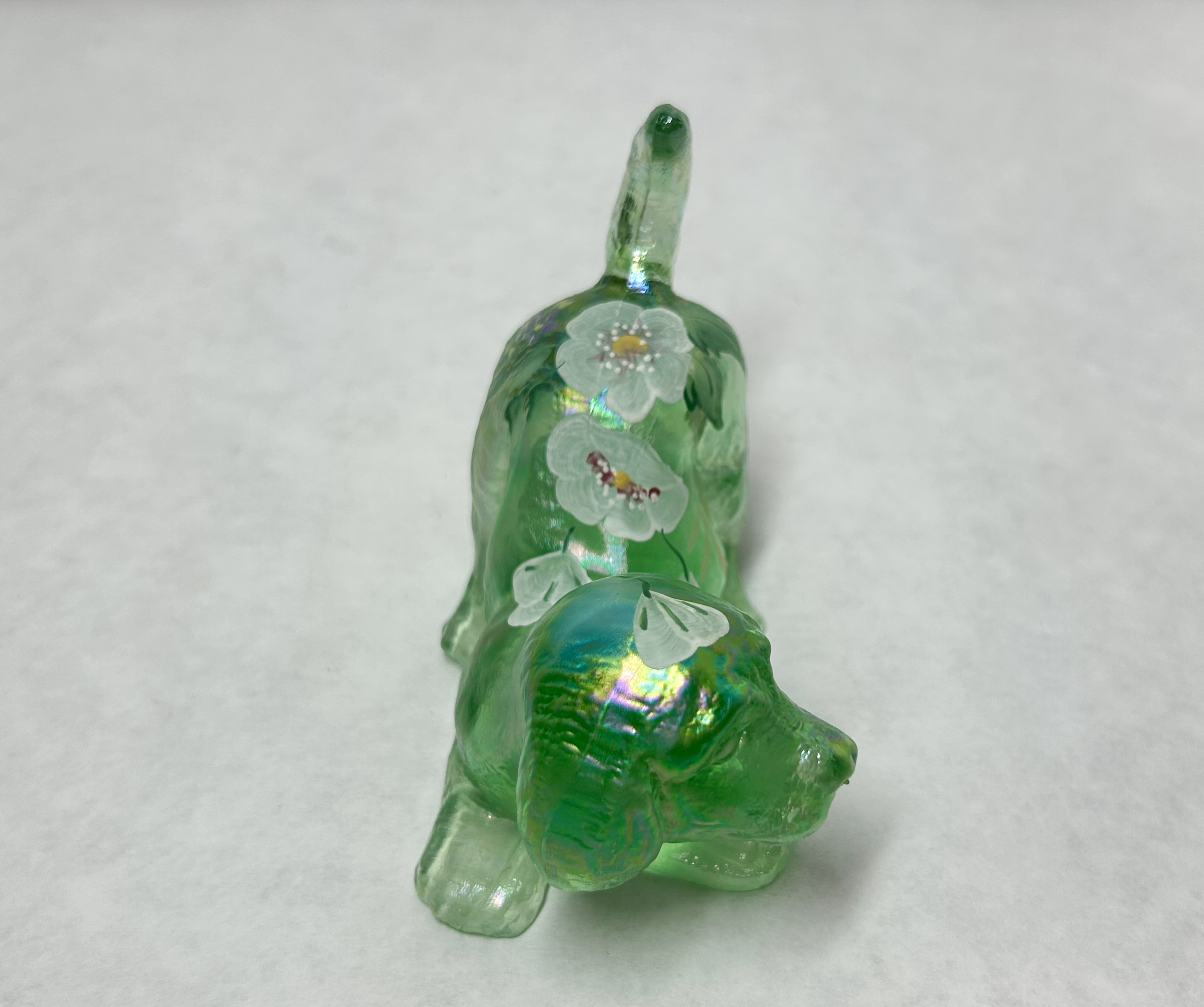 FENTON IRIDESCENT GREEN GLASS DOG, 2000