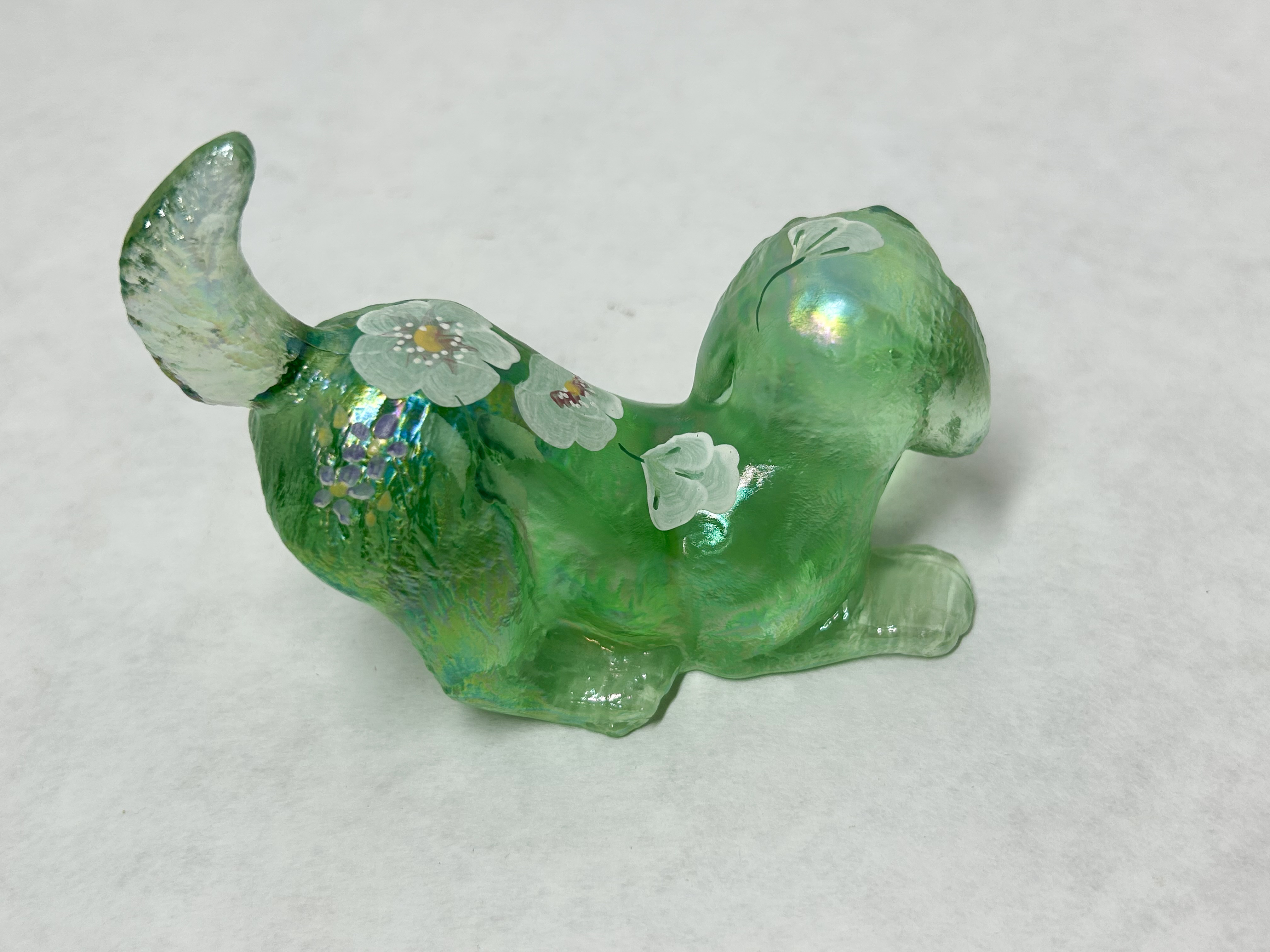 FENTON IRIDESCENT GREEN GLASS DOG, 2000