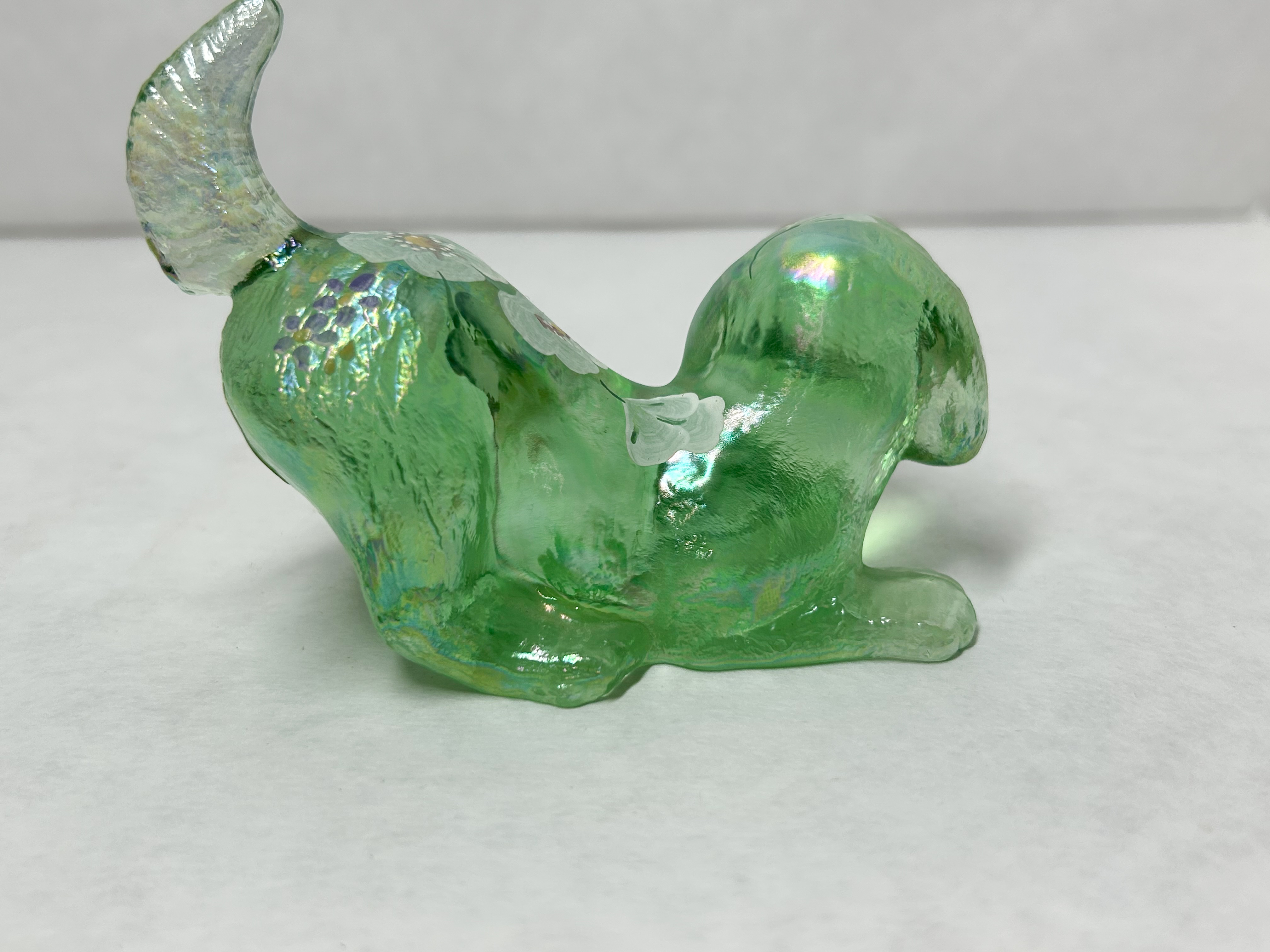FENTON IRIDESCENT GREEN GLASS DOG, 2000