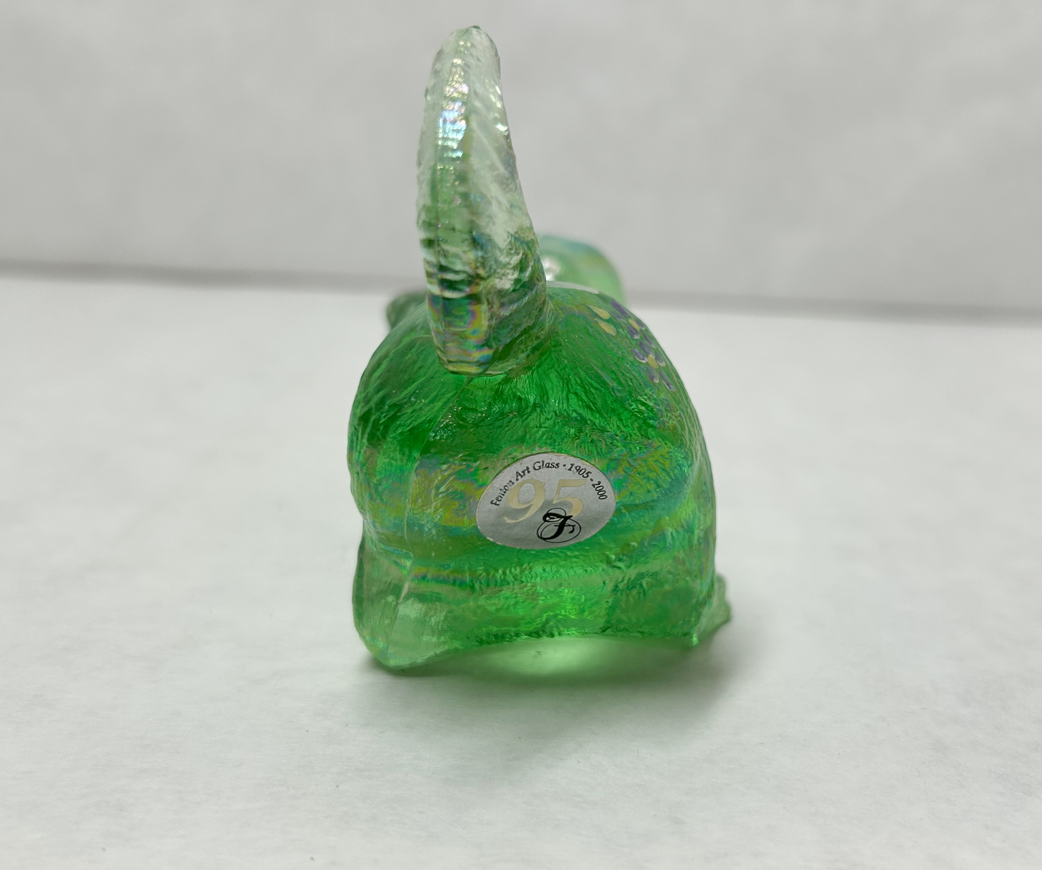 FENTON IRIDESCENT GREEN GLASS DOG, 2000