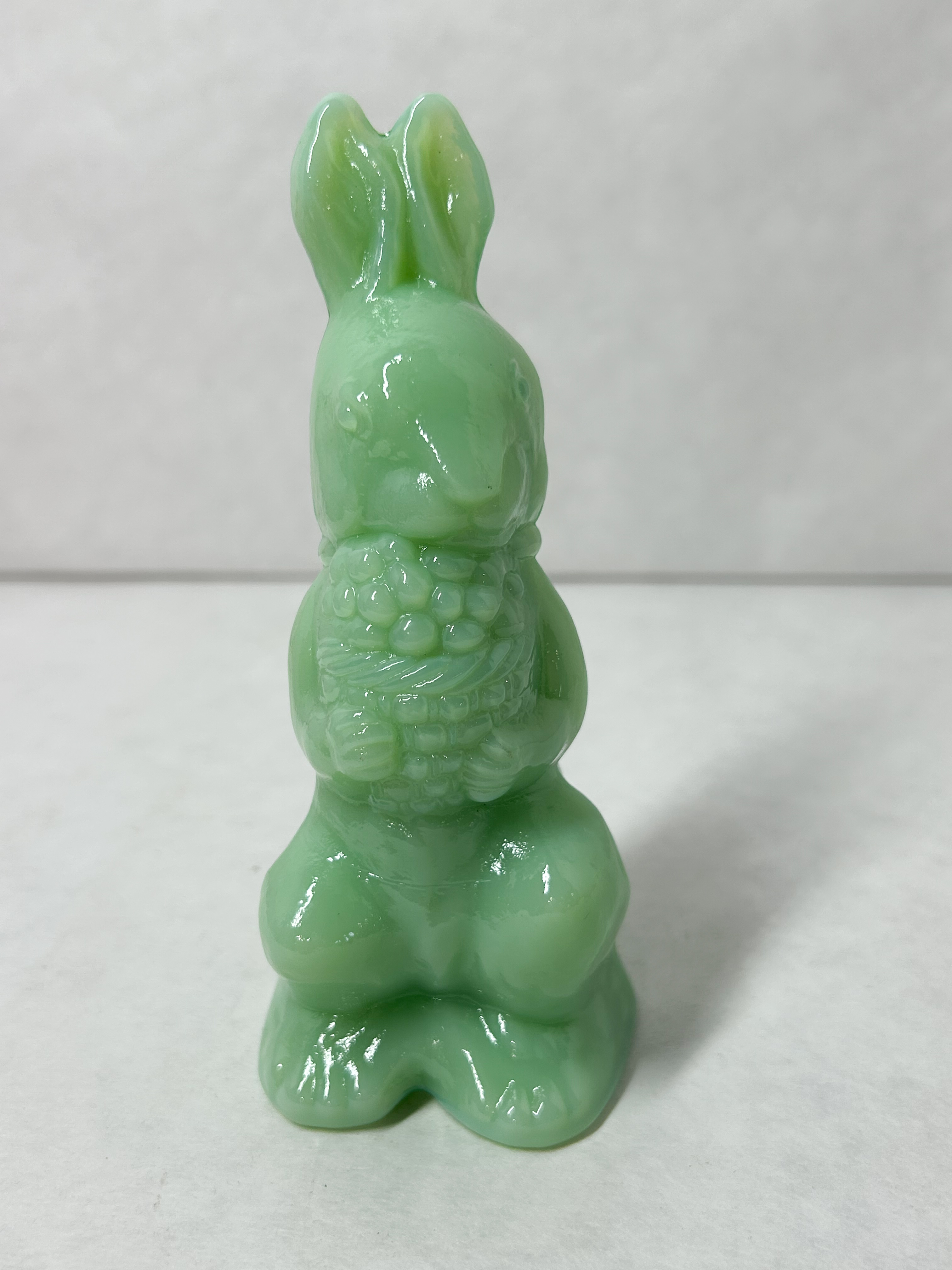 MOSSER JADEITE GLASS RABBIT WITH BASKET