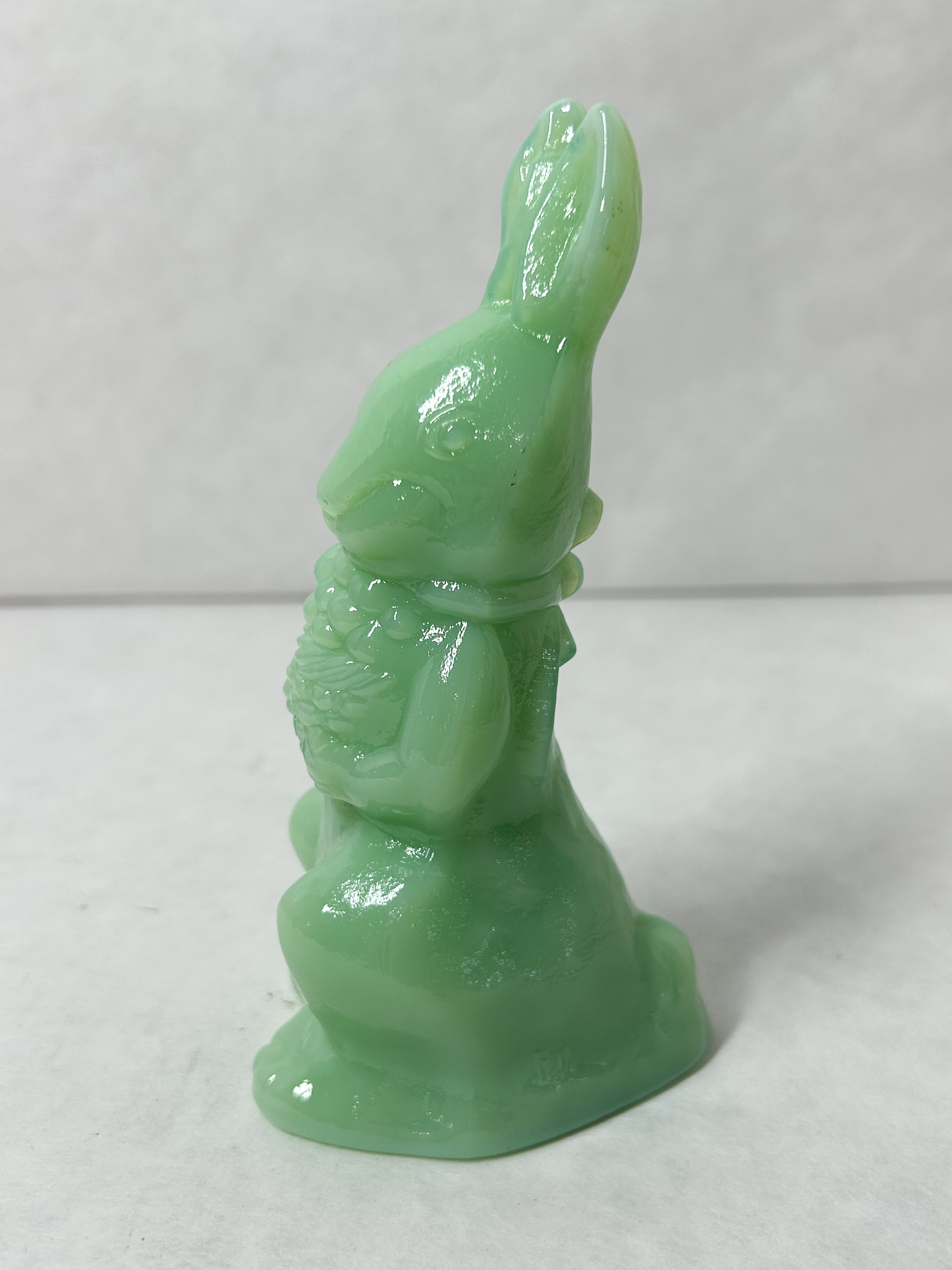 MOSSER JADEITE GLASS RABBIT WITH BASKET