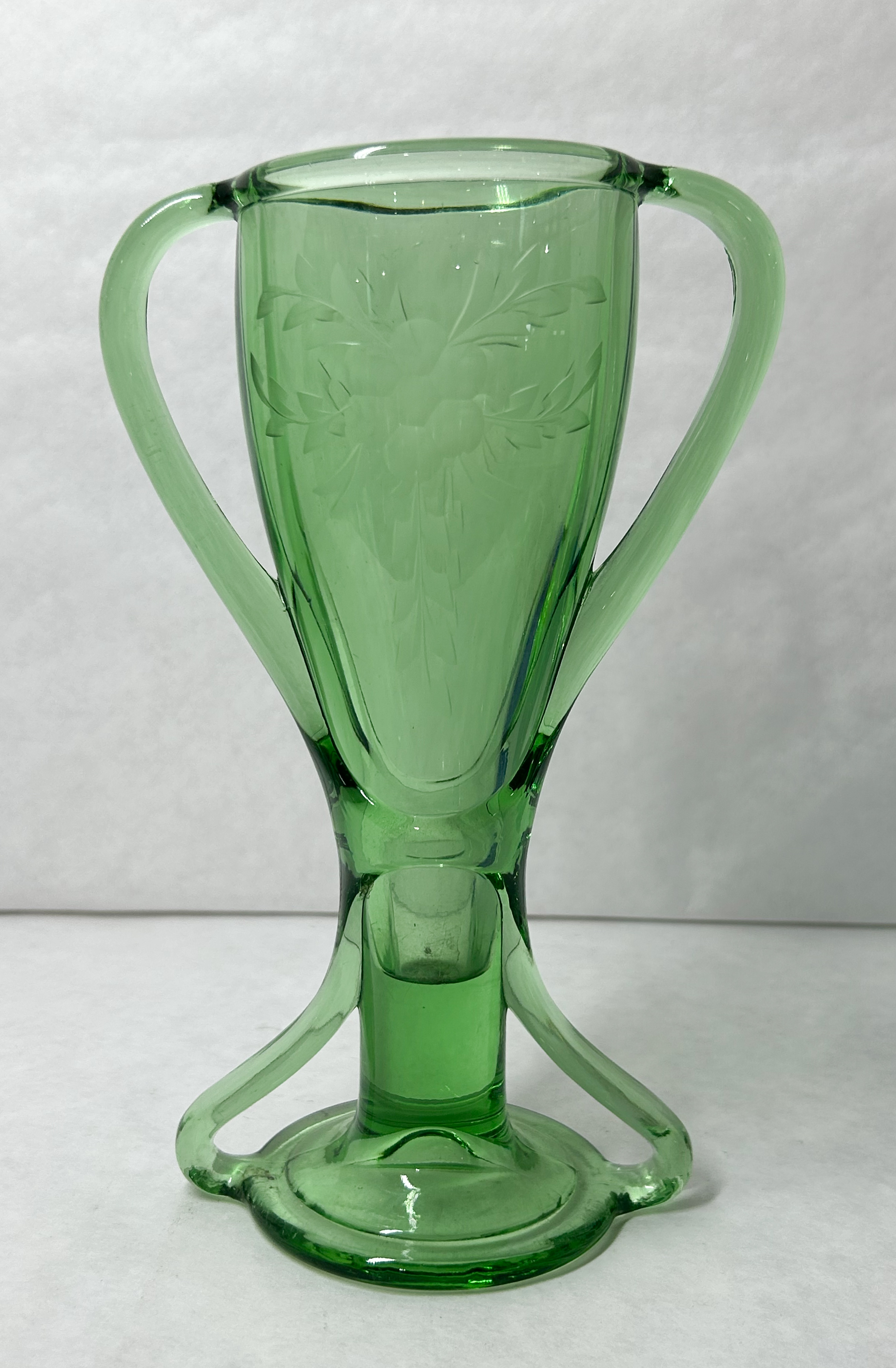 THREE-HANDLED GREEN ETCHED GLASS VASE, C. 1930