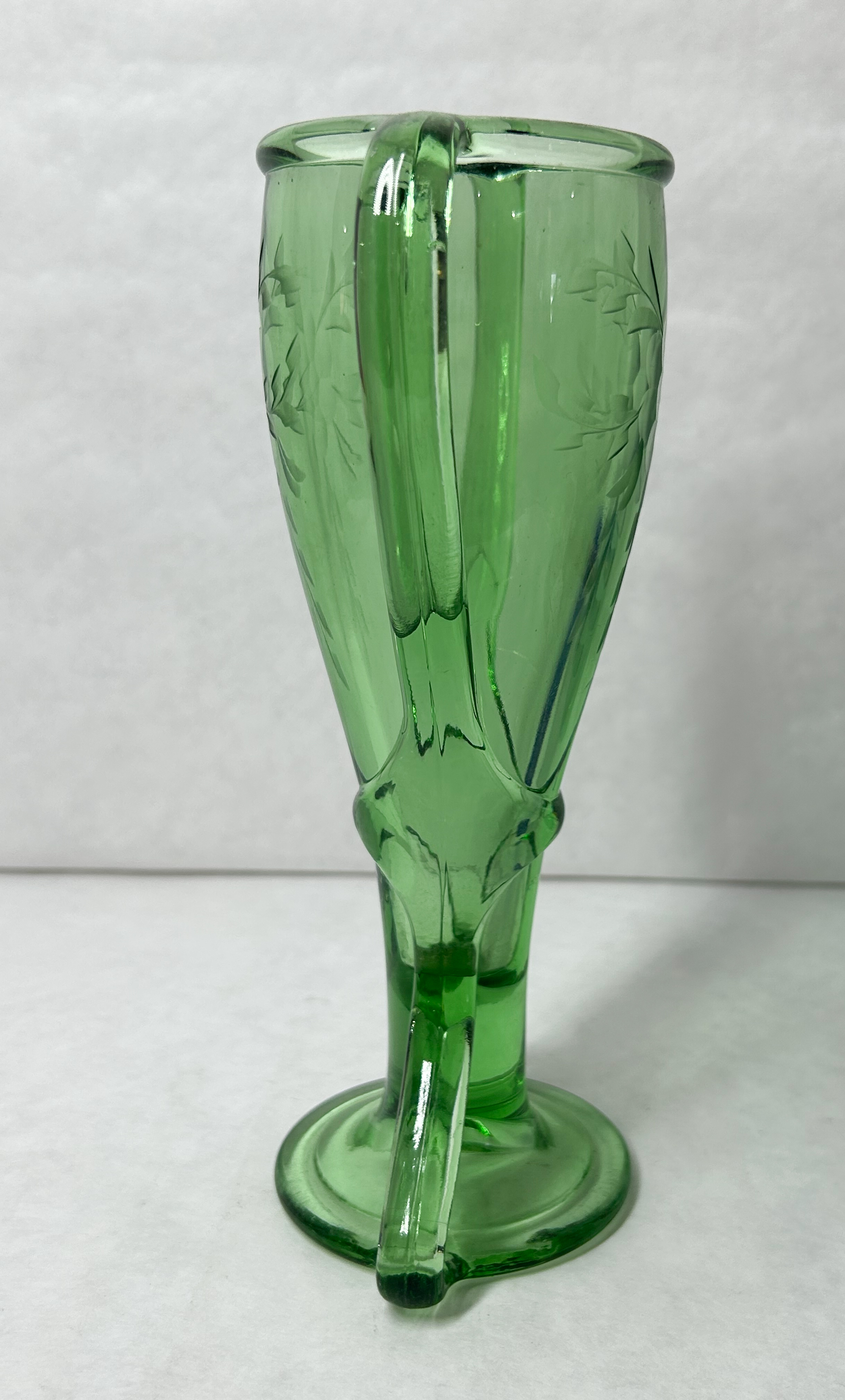 THREE-HANDLED GREEN ETCHED GLASS VASE, C. 1930