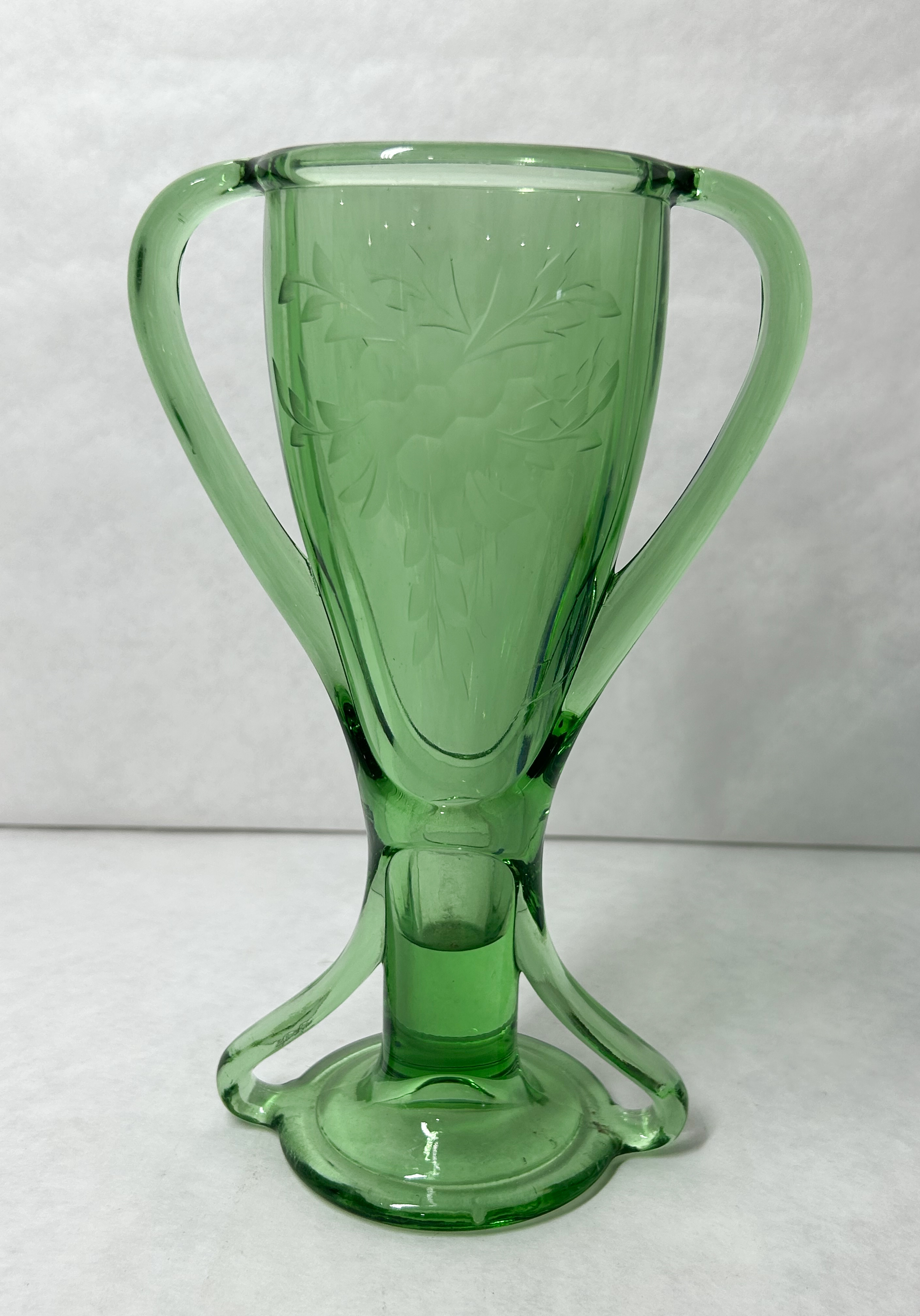 THREE-HANDLED GREEN ETCHED GLASS VASE, C. 1930