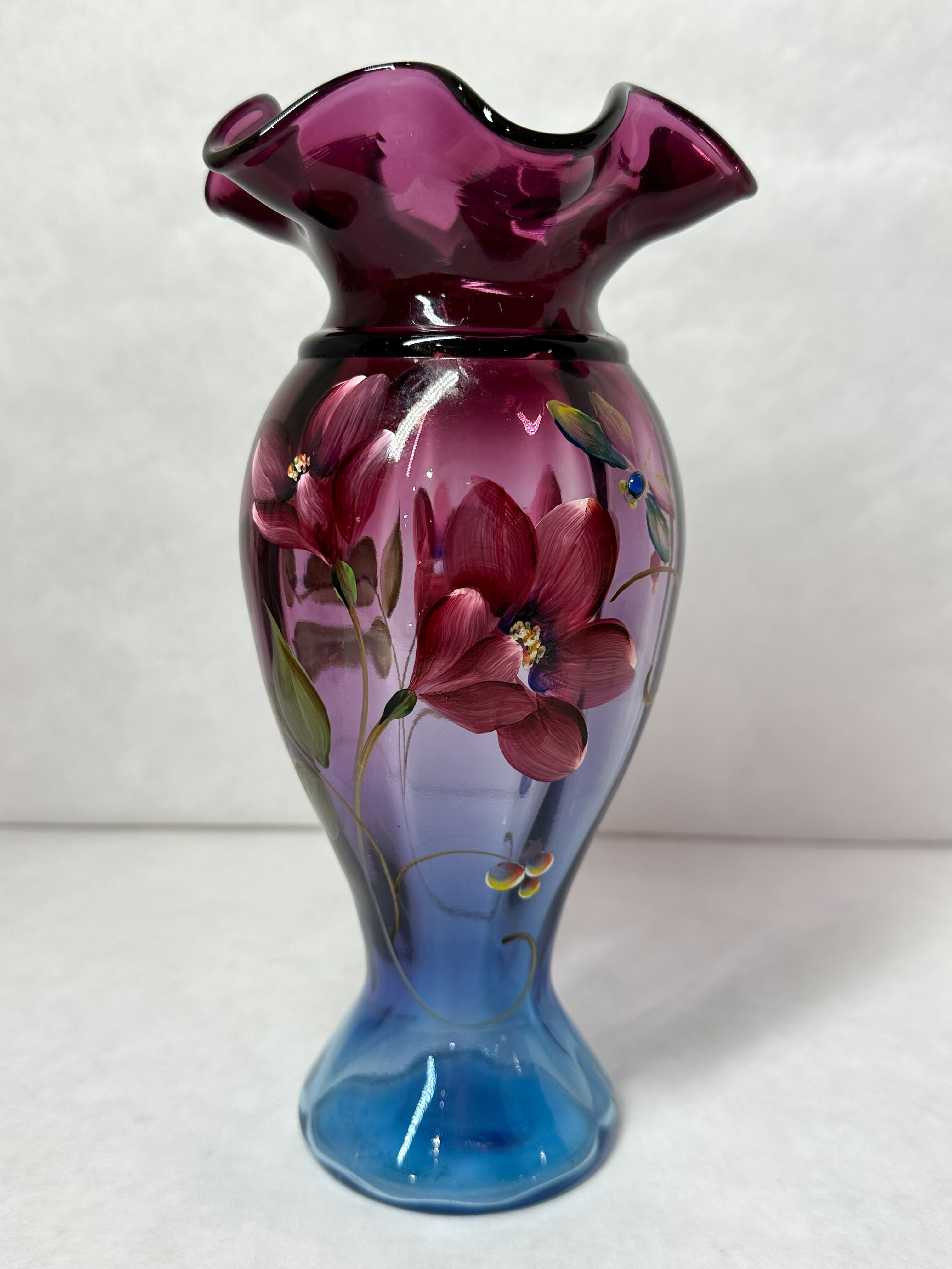 FENTON MULBERRY HAND PAINTED GLASS VASE BARLEY