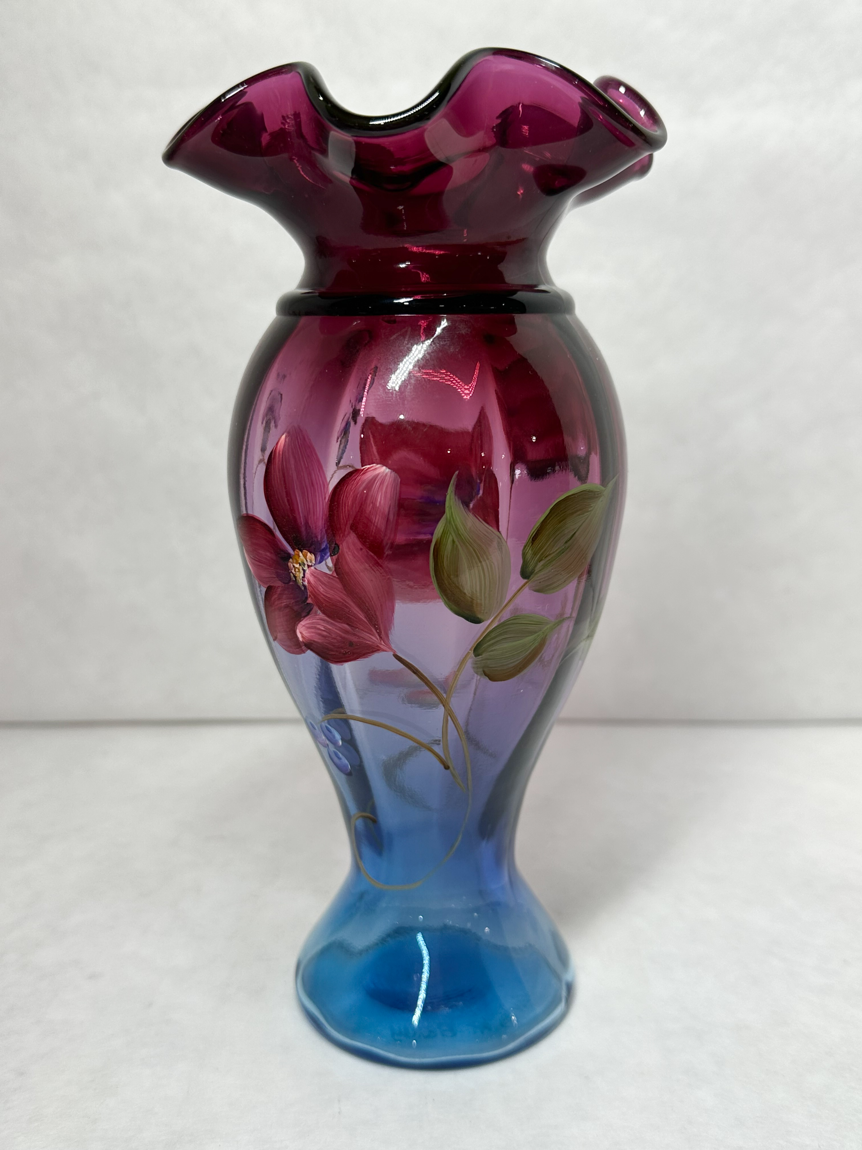 FENTON MULBERRY HAND PAINTED GLASS VASE BARLEY