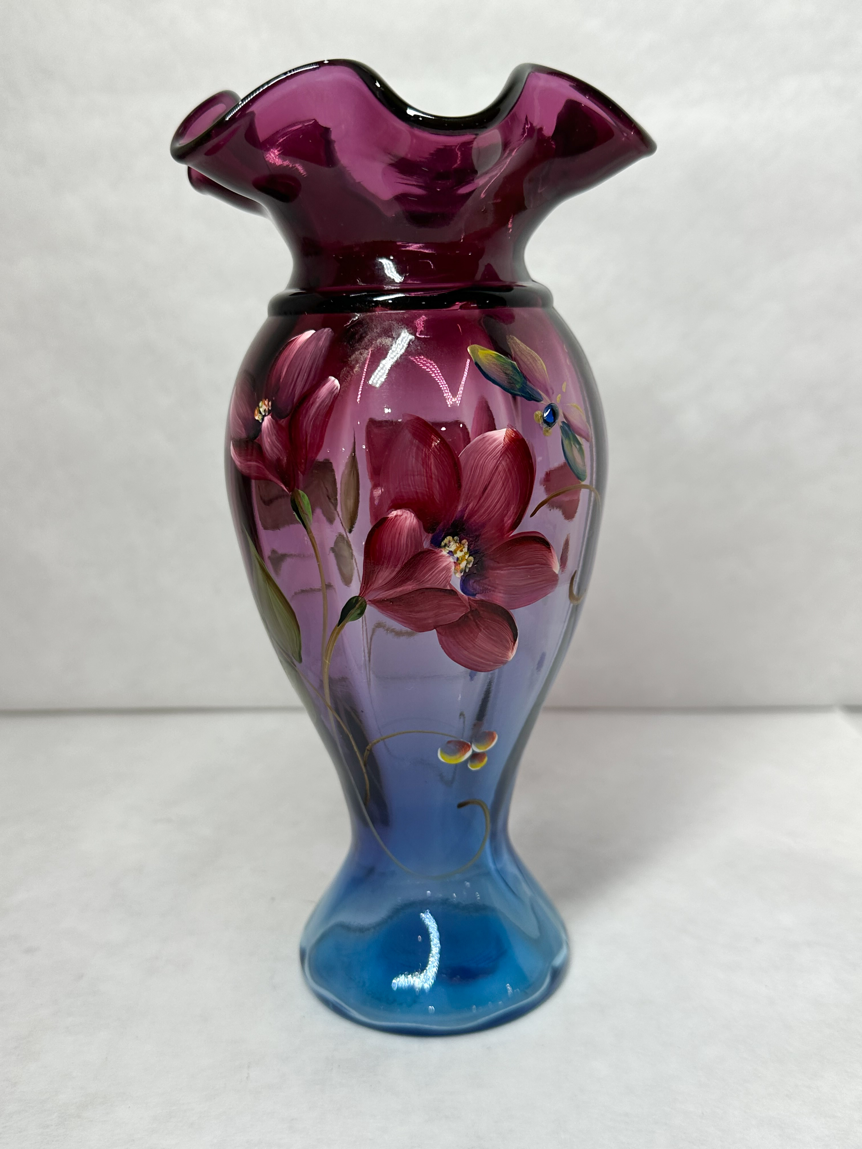 FENTON MULBERRY HAND PAINTED GLASS VASE BARLEY