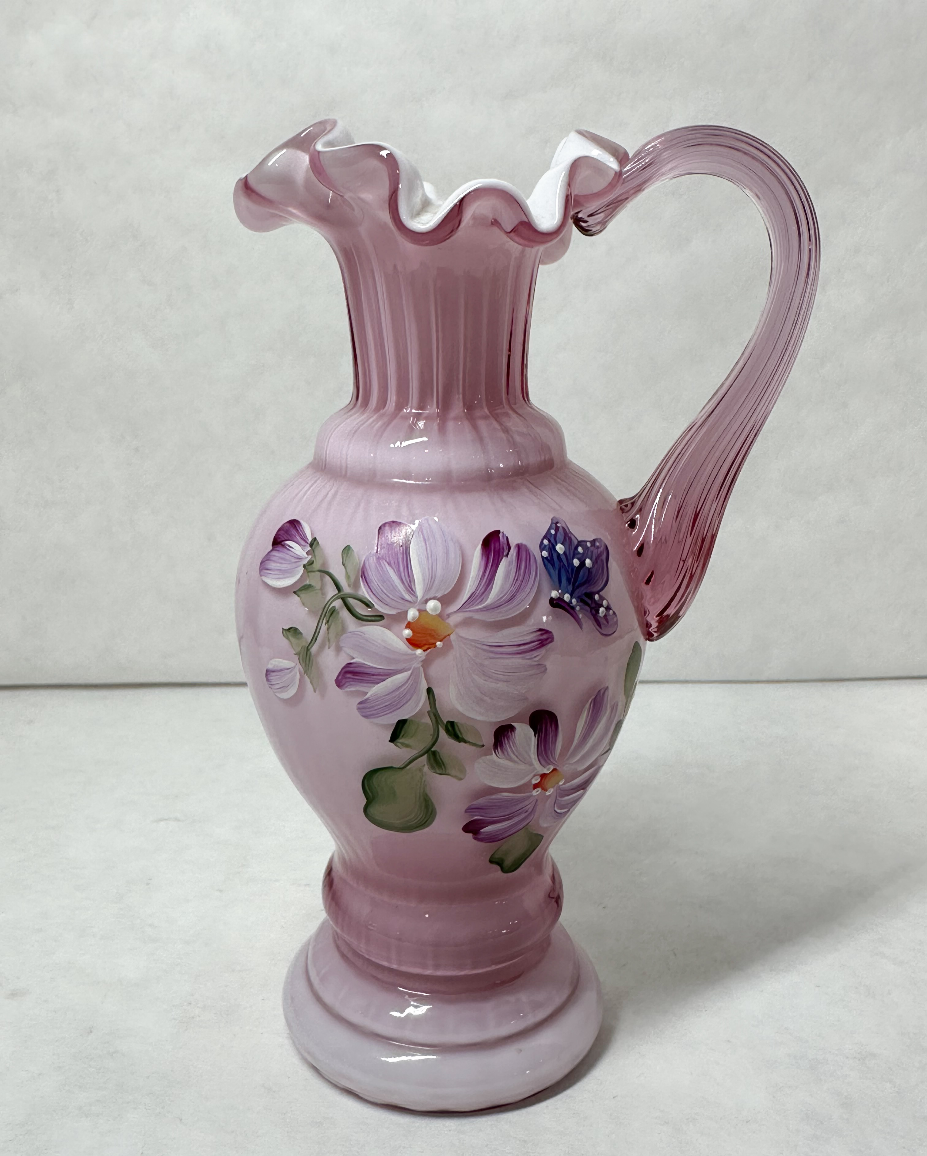 FENTON PAINTED ROSE GLASS PITCHER, 1996
