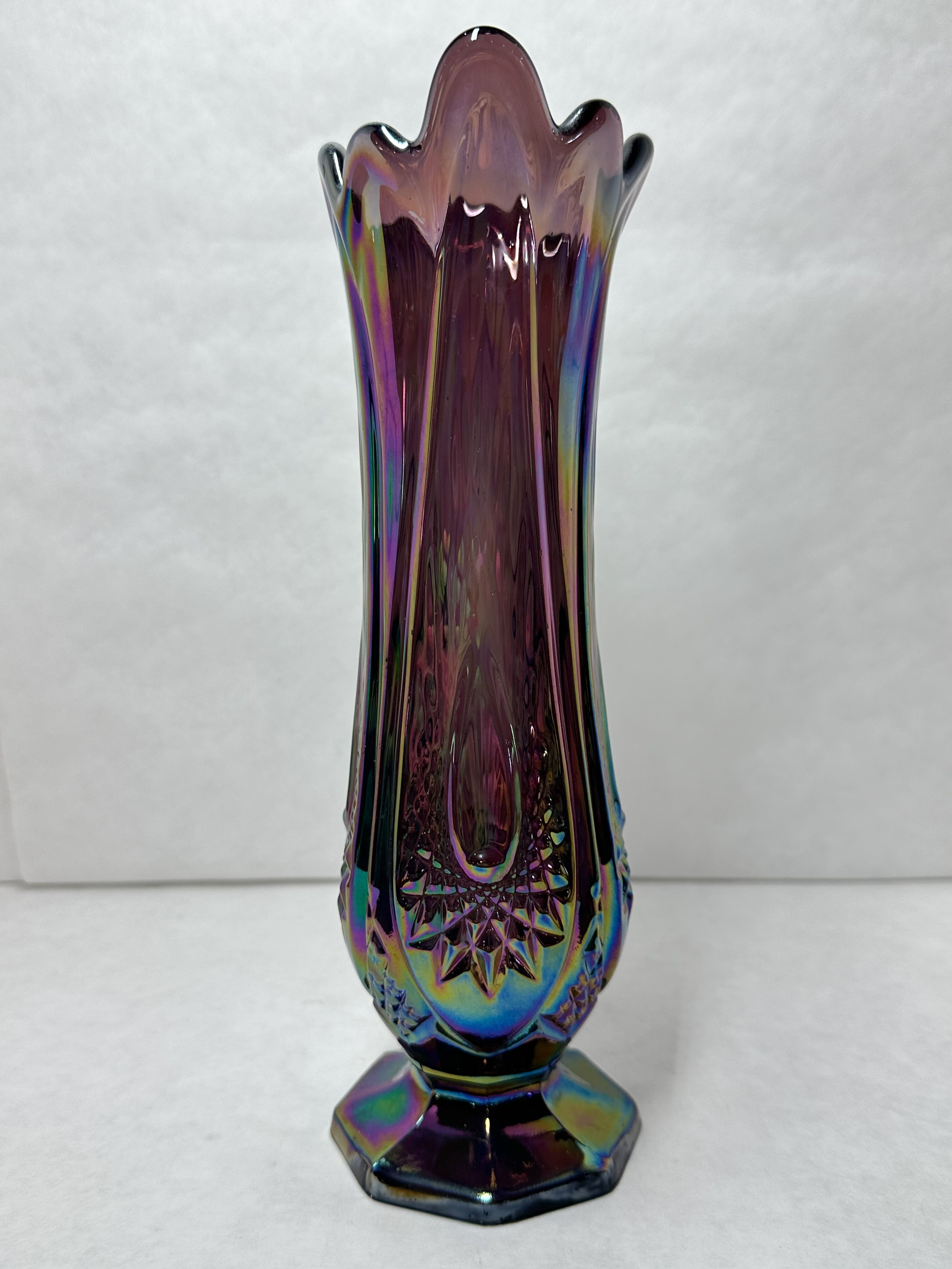 AMETHYST IRIDESCENT CARNIVAL GLASS VASE