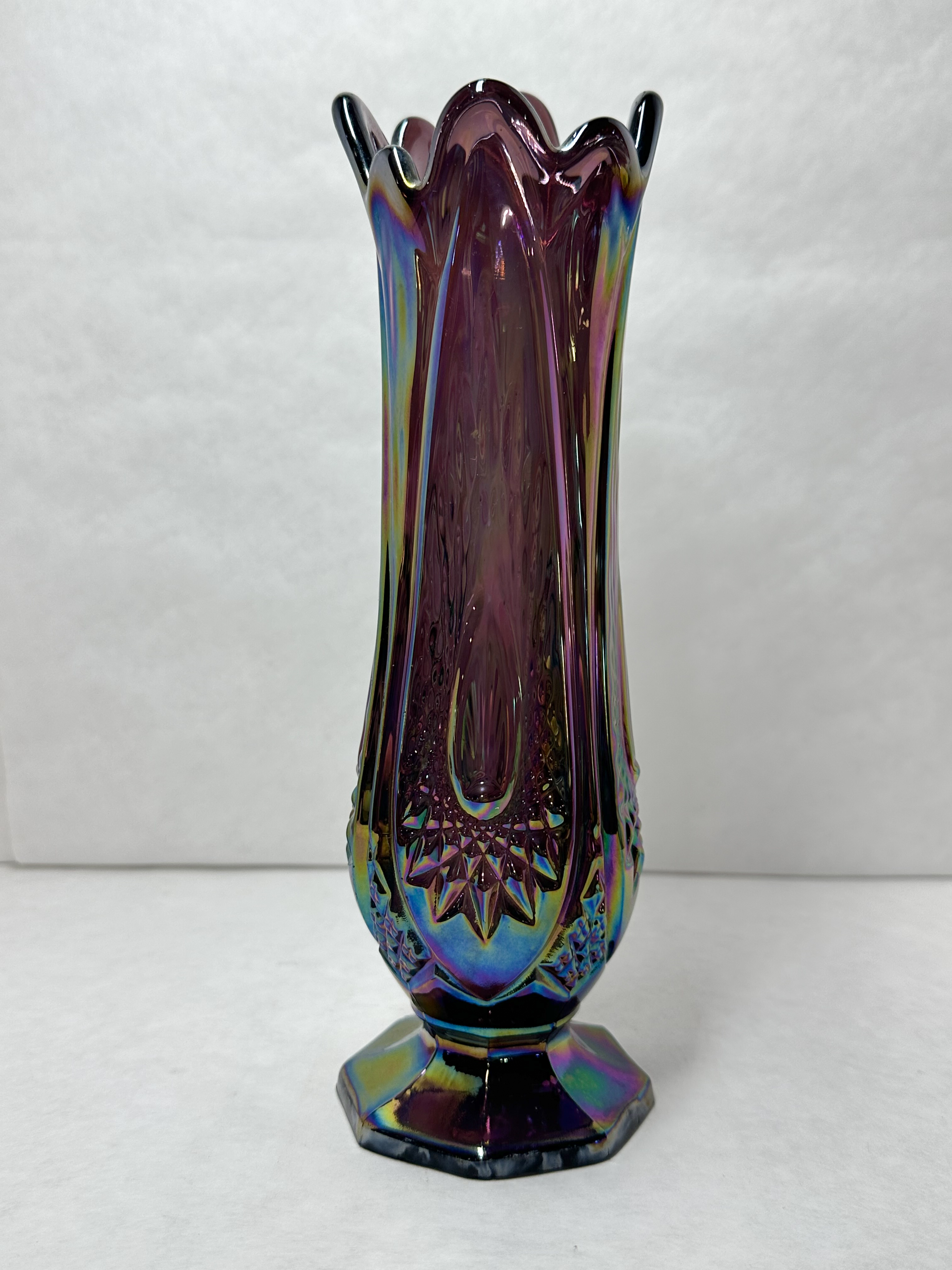 AMETHYST IRIDESCENT CARNIVAL GLASS VASE