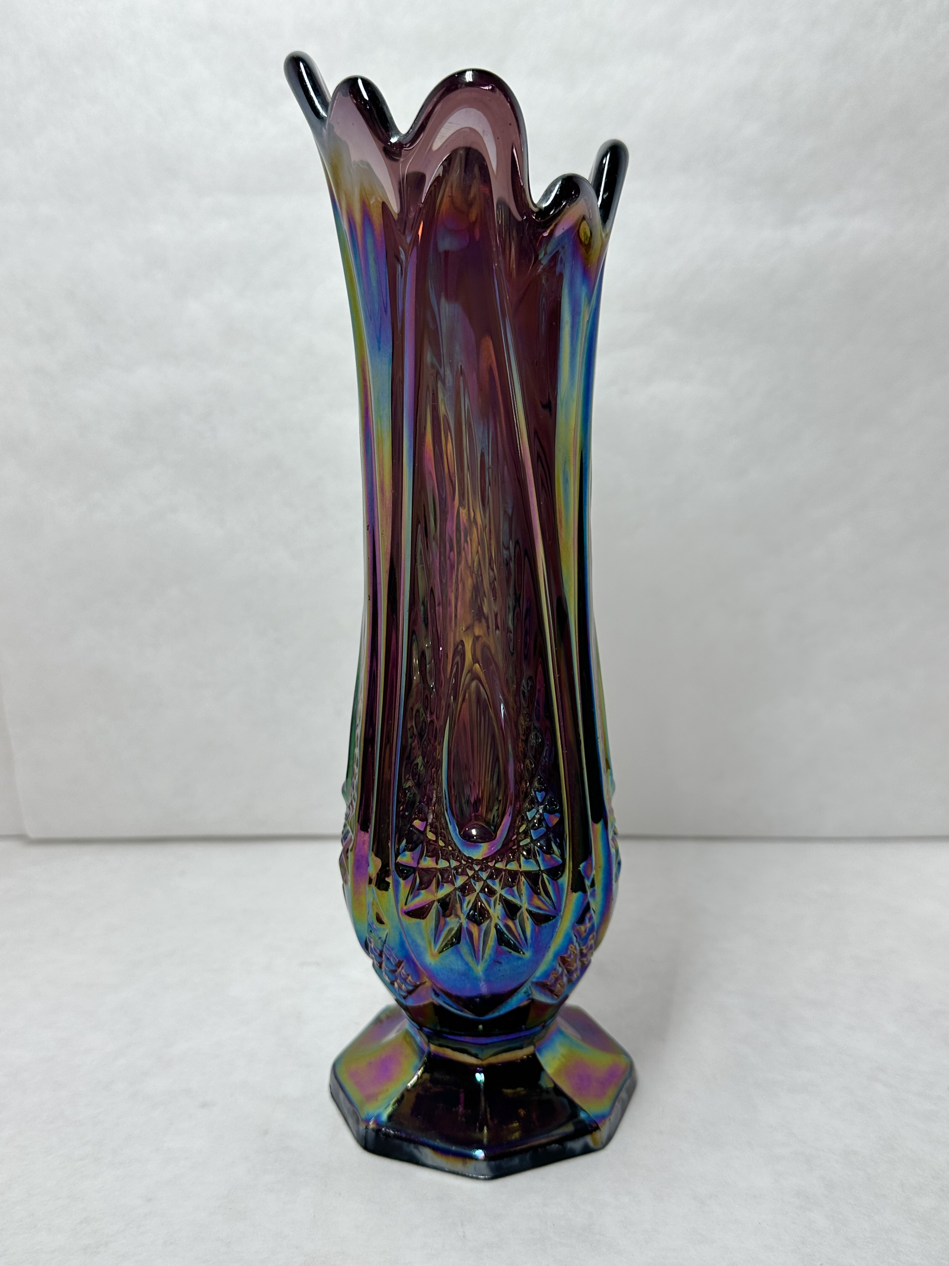 AMETHYST IRIDESCENT CARNIVAL GLASS VASE