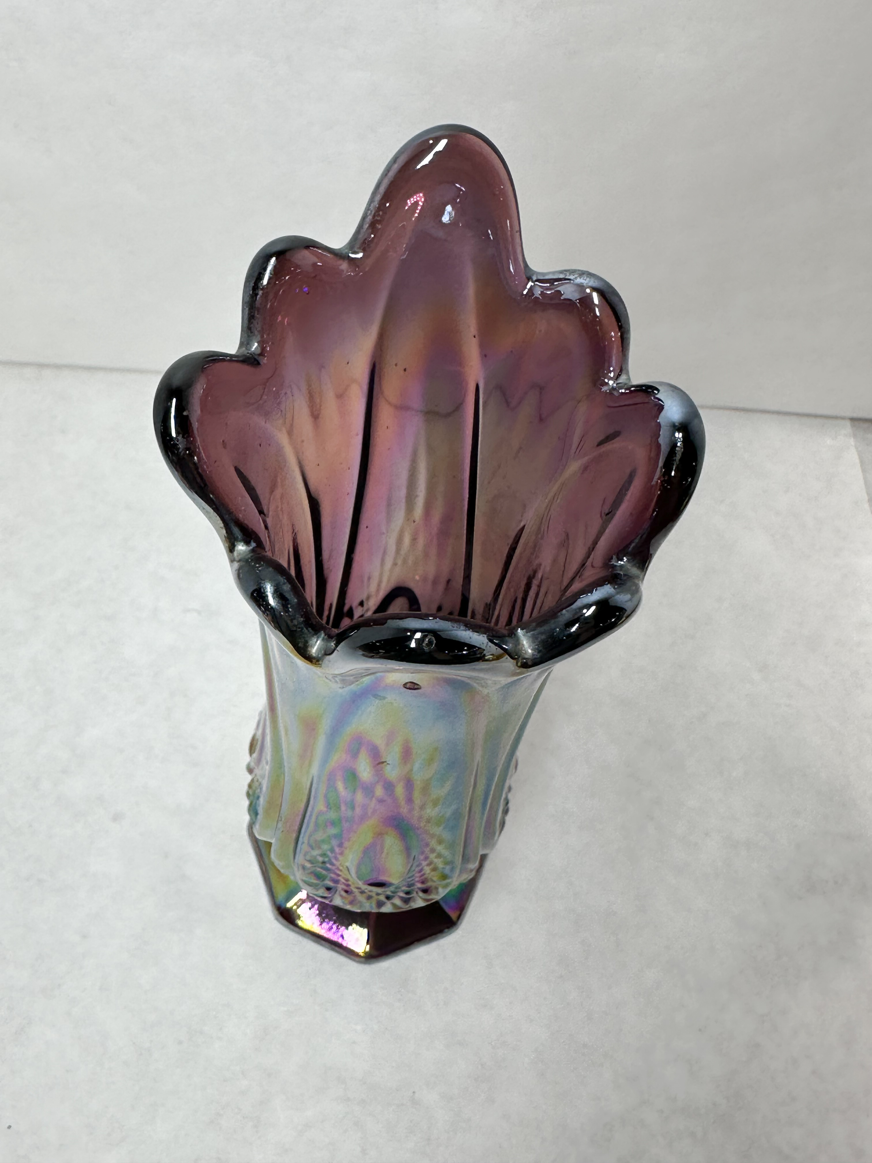 AMETHYST IRIDESCENT CARNIVAL GLASS VASE