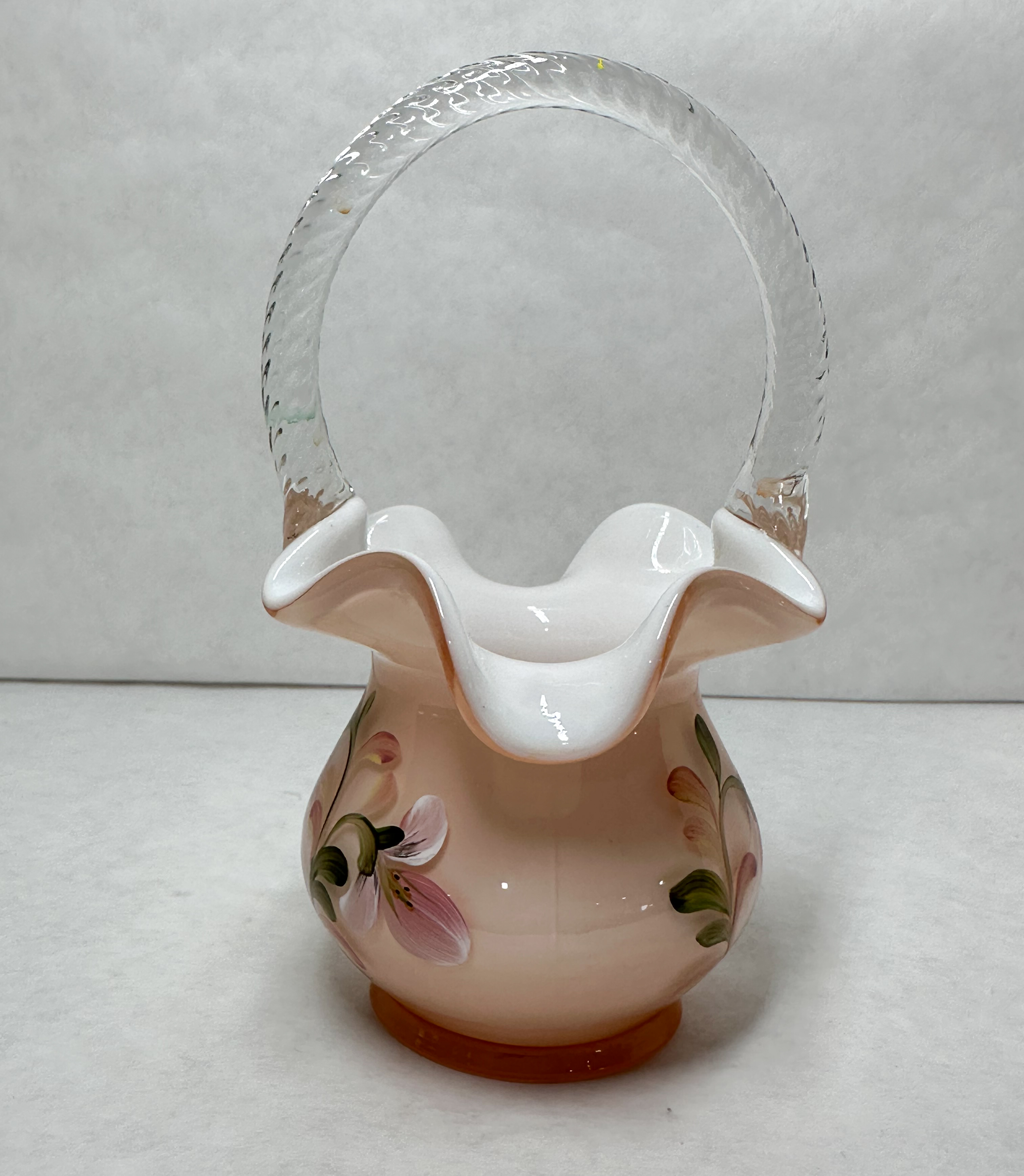 FENTON PAINTED CASED GLASS BASKET, LATE 20TH CENTURY