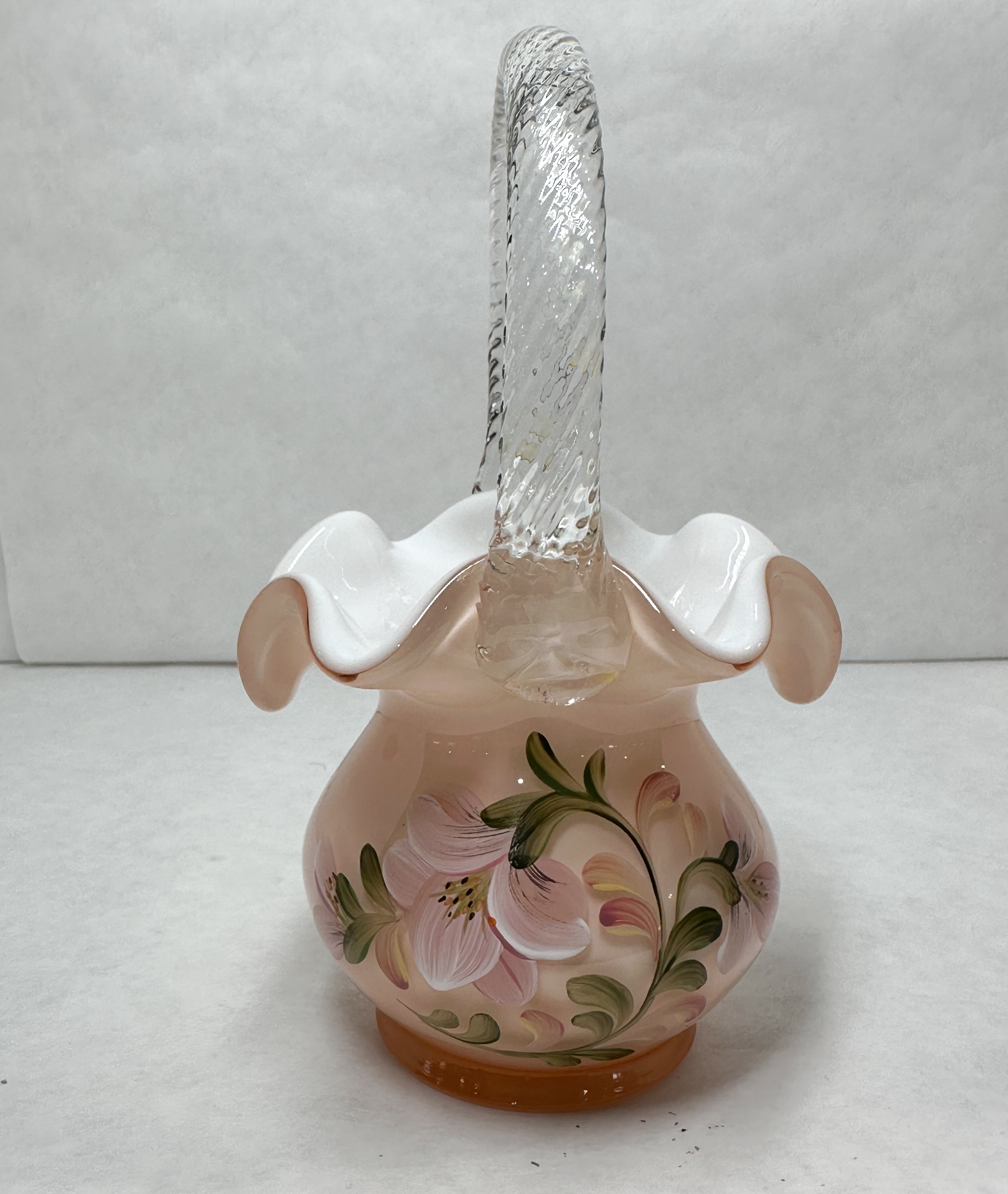 FENTON PAINTED CASED GLASS BASKET, LATE 20TH CENTURY