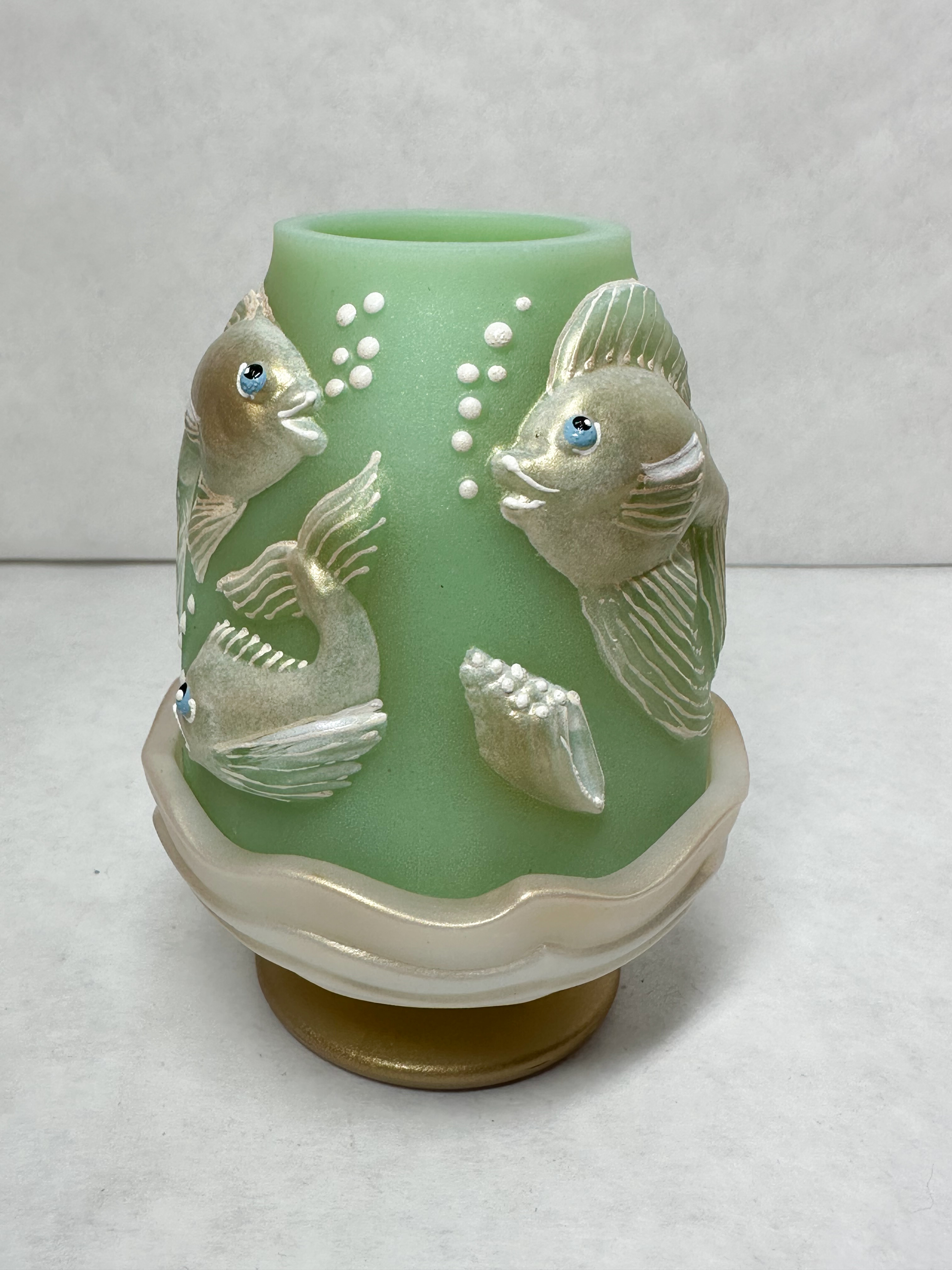 RARE FENTON GREEN GLASS FAIRY LAMP SPINDLER 2/5