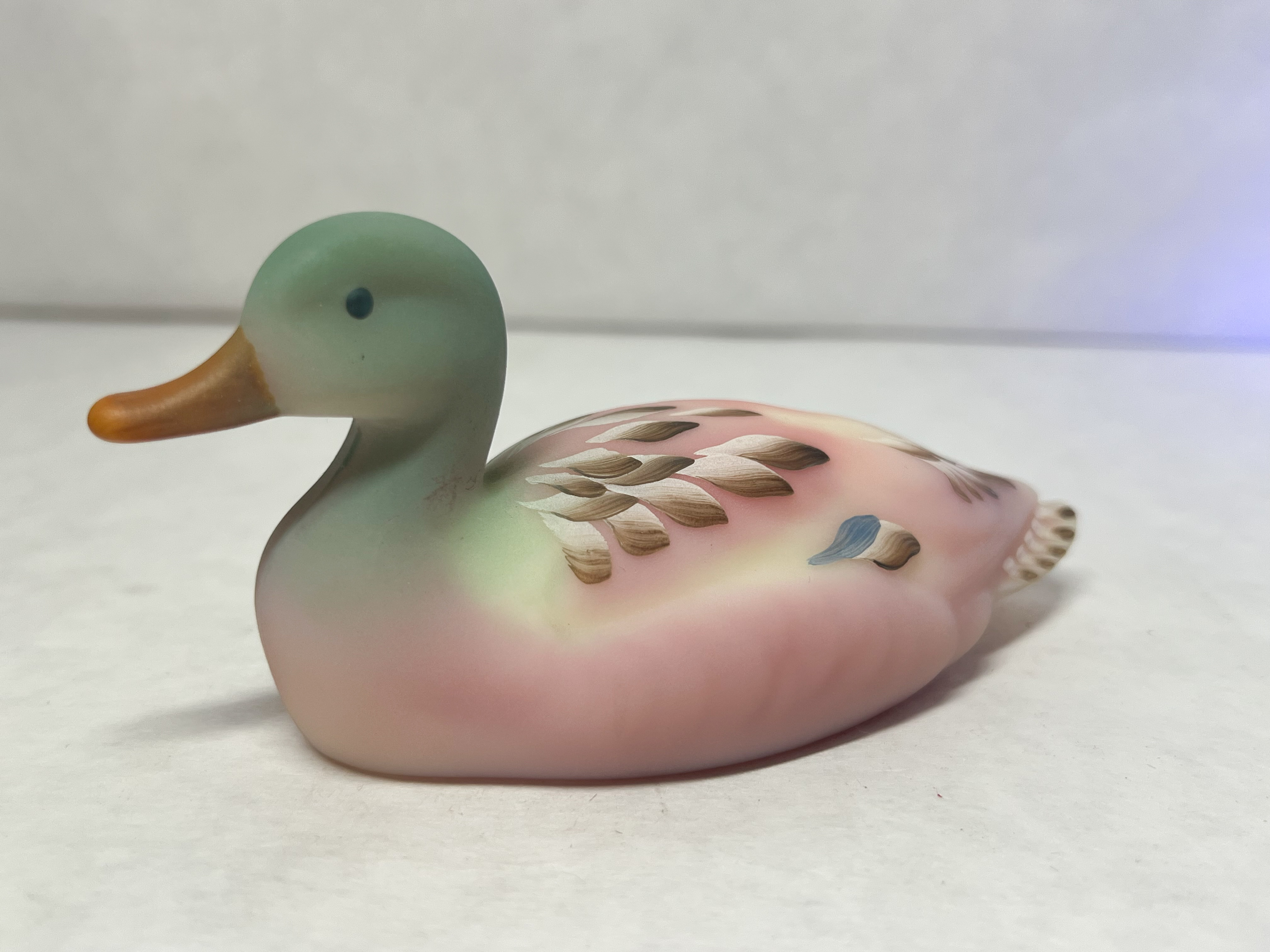 FENTON BURMESE GLASS MALLARD DUCK, C.1990