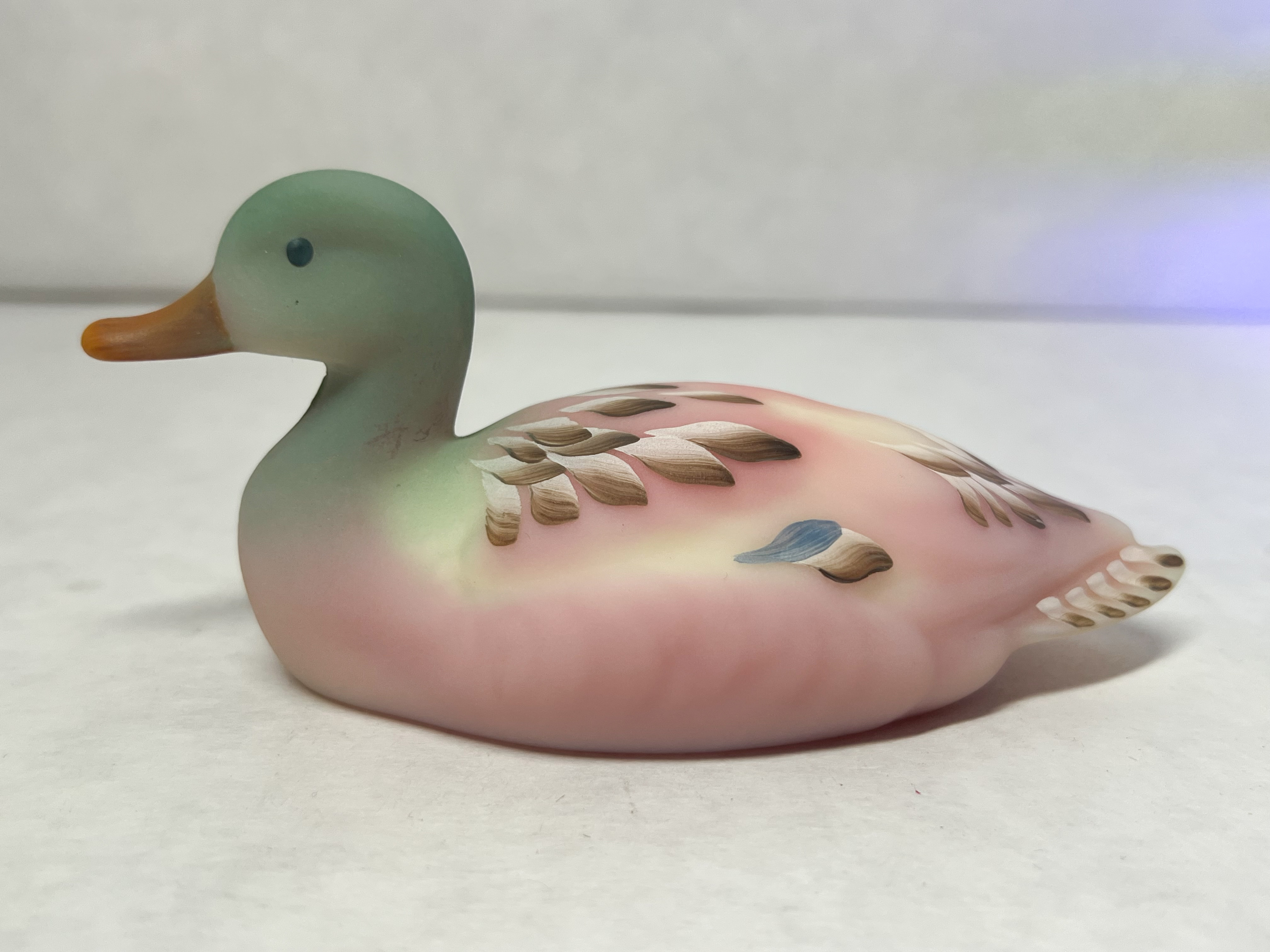 FENTON BURMESE GLASS MALLARD DUCK, C.1990