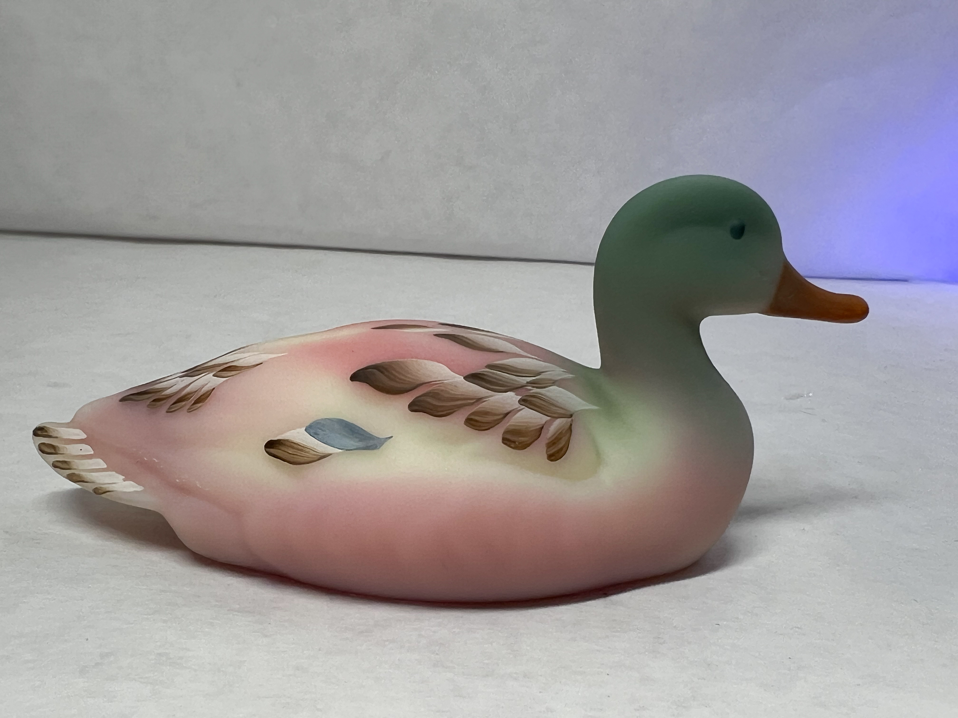 FENTON BURMESE GLASS MALLARD DUCK, C.1990